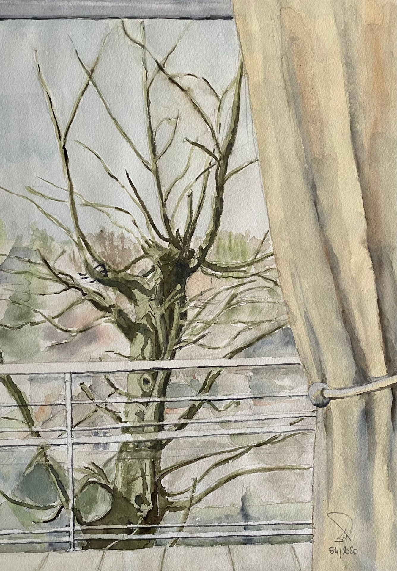 Denis PORTEAUX Vue de la fenetre en hiver - aquarelle - 31,5x22,5 (à vue)