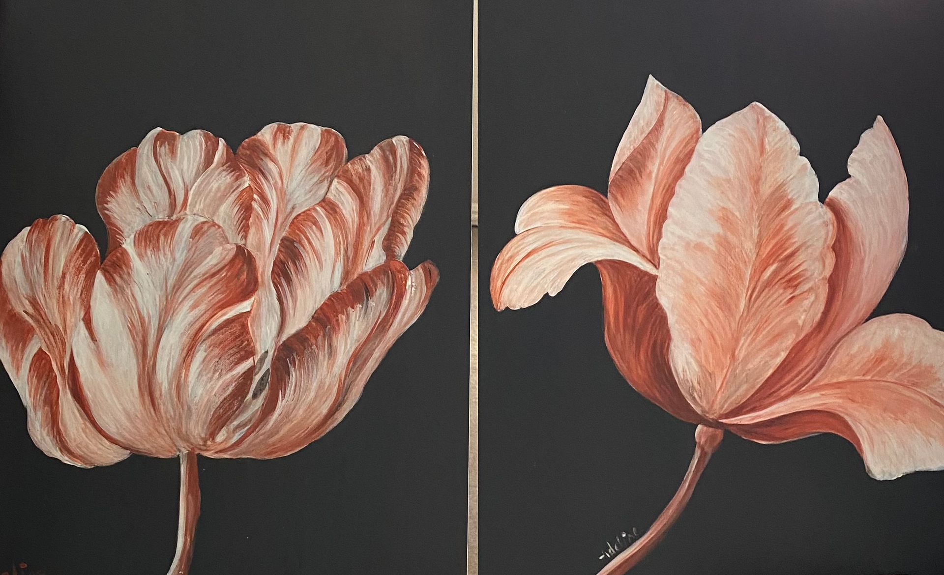 Adeline de Feydeau Lot von zwei Acrylgemälden auf Holz - Geschlossene Tulpe (1/2&hellip;
