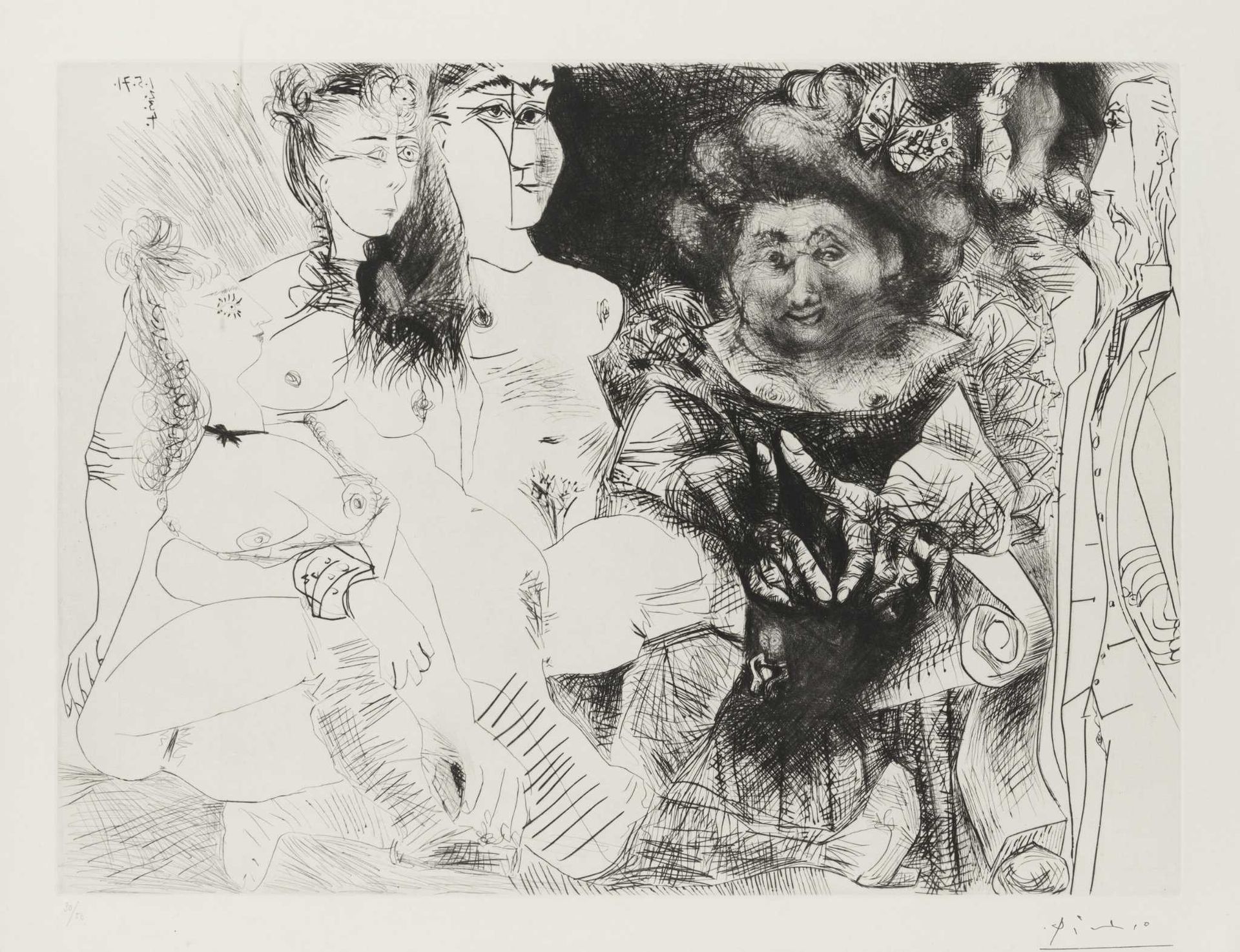 Pablo PICASSO 巴勃罗-皮卡索（1881-1973）- Chez les filles, 17.5.1934 -蚀刻版画，右下空白处有铅笔签名，左下&hellip;