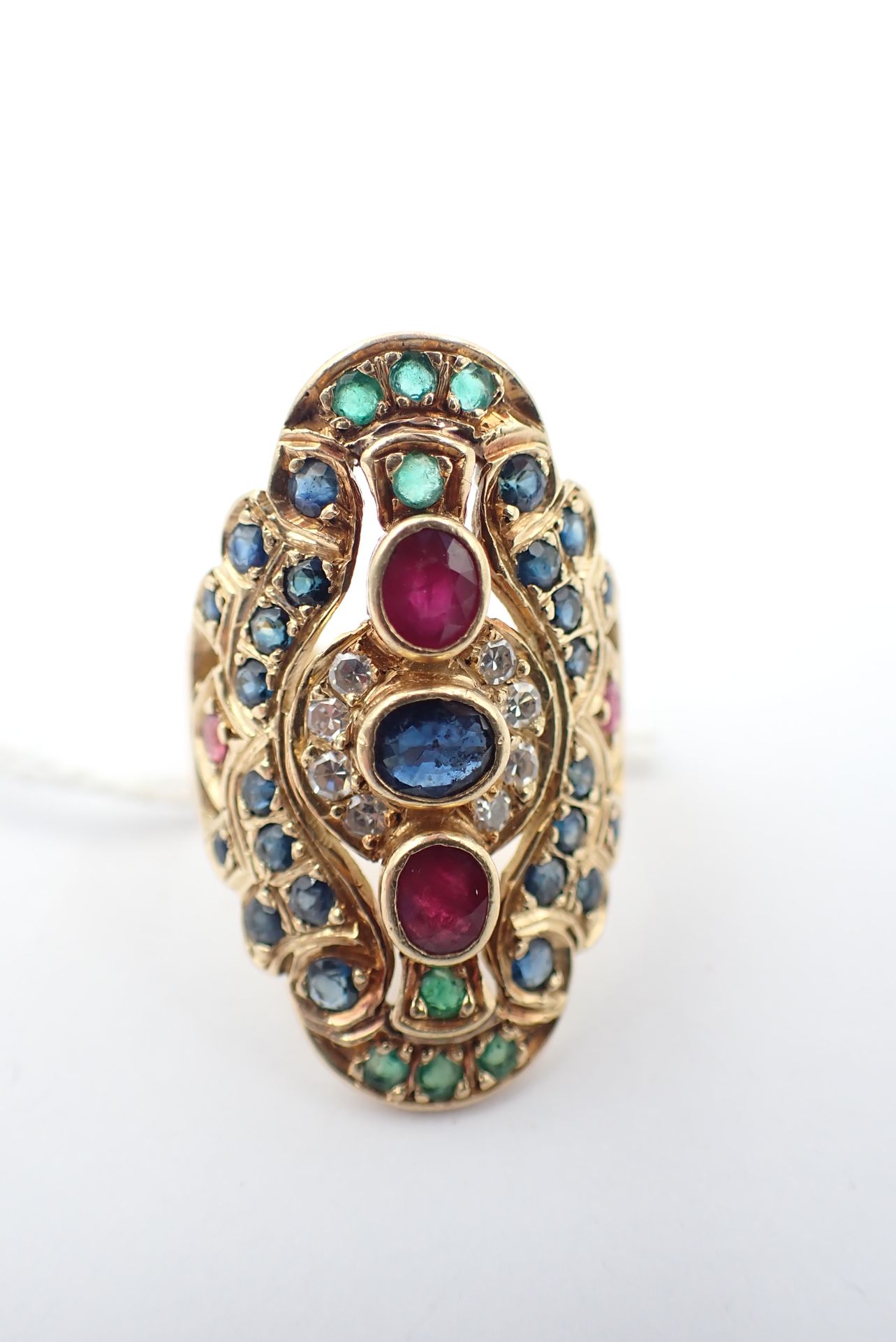 Null Gold ring, sapphires, rubies, emeralds and diamonds, weight 14.2g, TDD 58