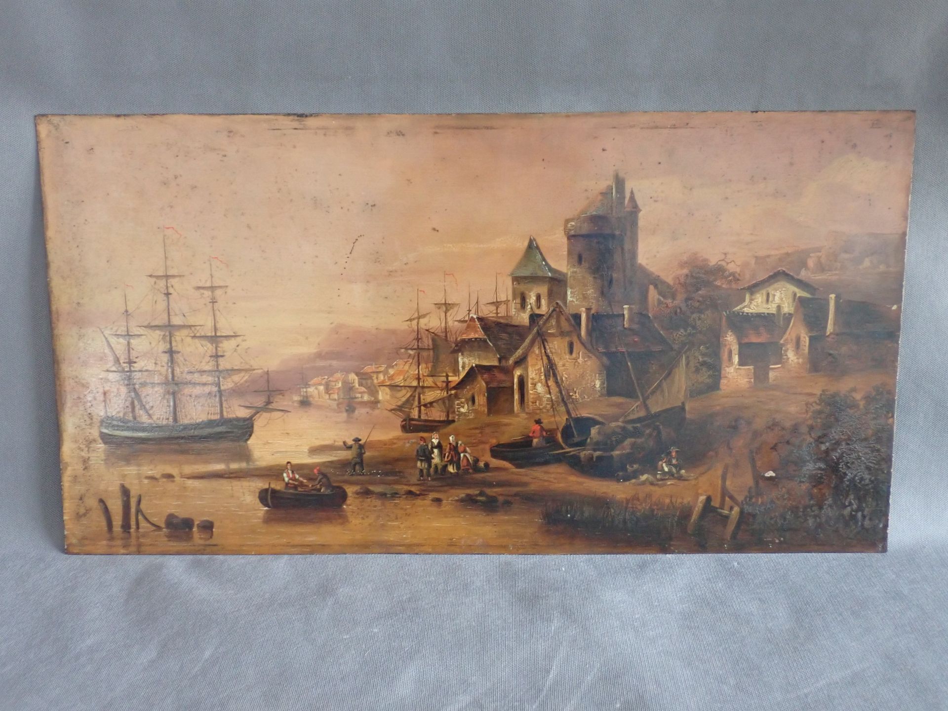 Null Scène de port animé, huile sur métal du XIXème, 36 x 69,5cm (petits sauts d&hellip;