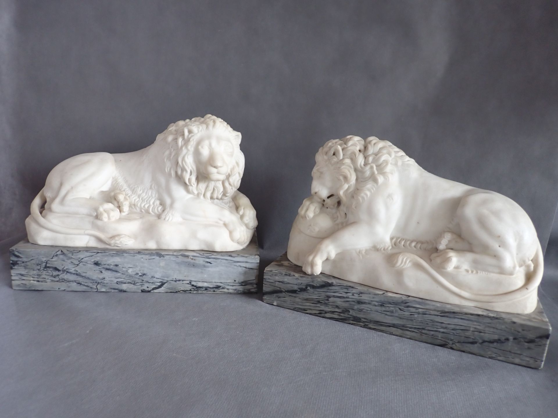 Null Paire de lions sculptures sur socle en marbre, XIX ème dim hors socle 22x38&hellip;