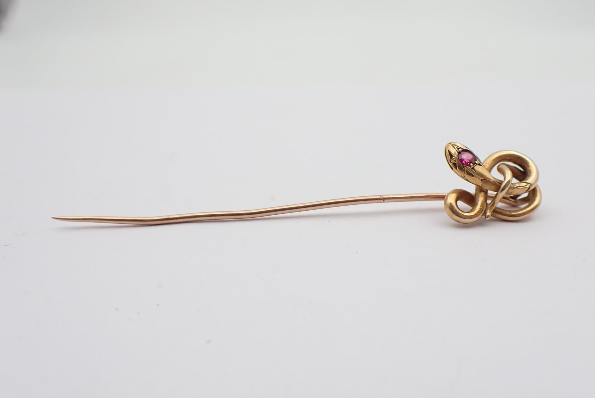 Null 镶红宝石的金蛇装饰领带别针，重 3.6 克