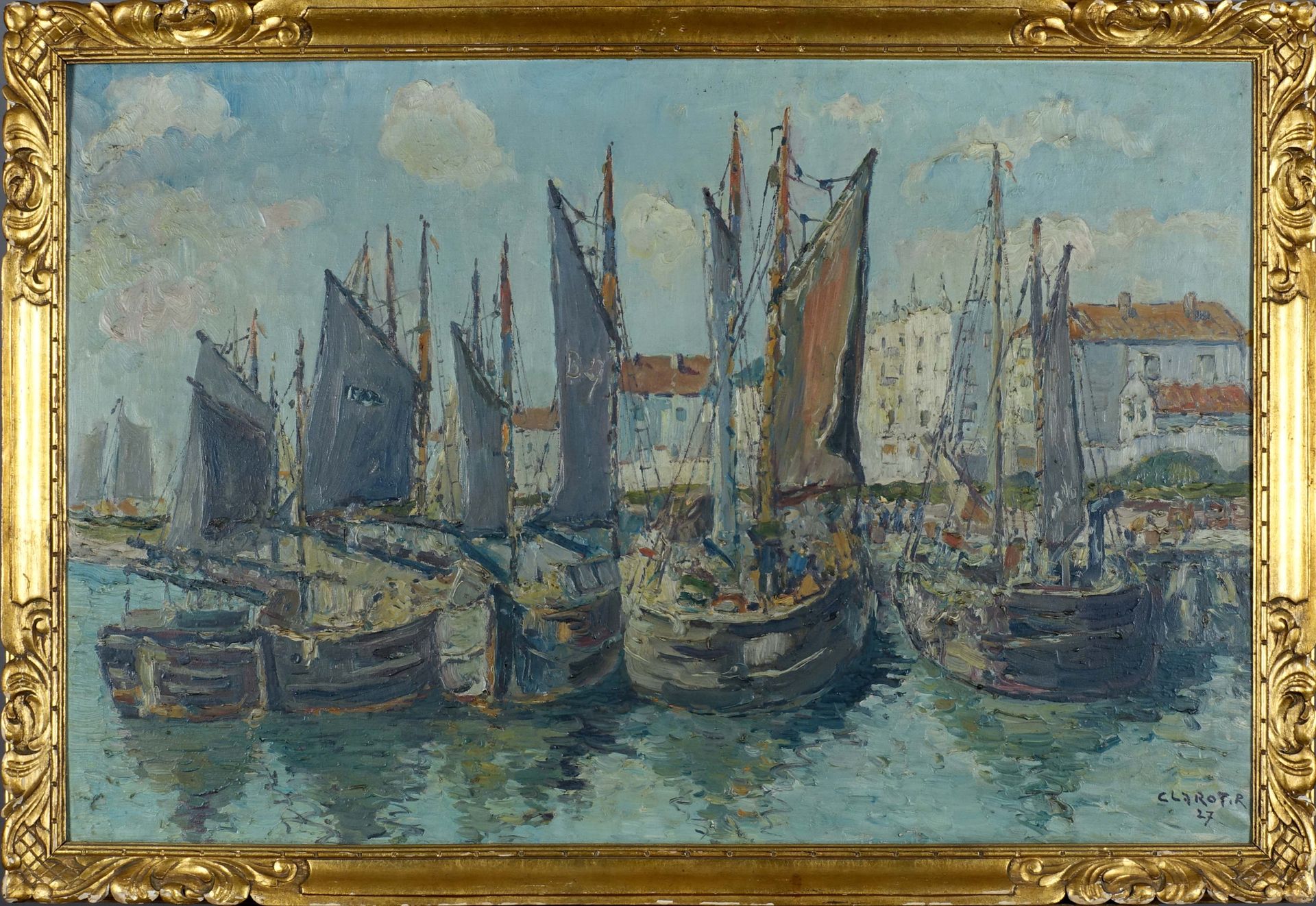 René Clarot (1882-1972). 渔港（日期为1927年）。布面油画，右下方有签名。尺寸：60 x 90厘米。