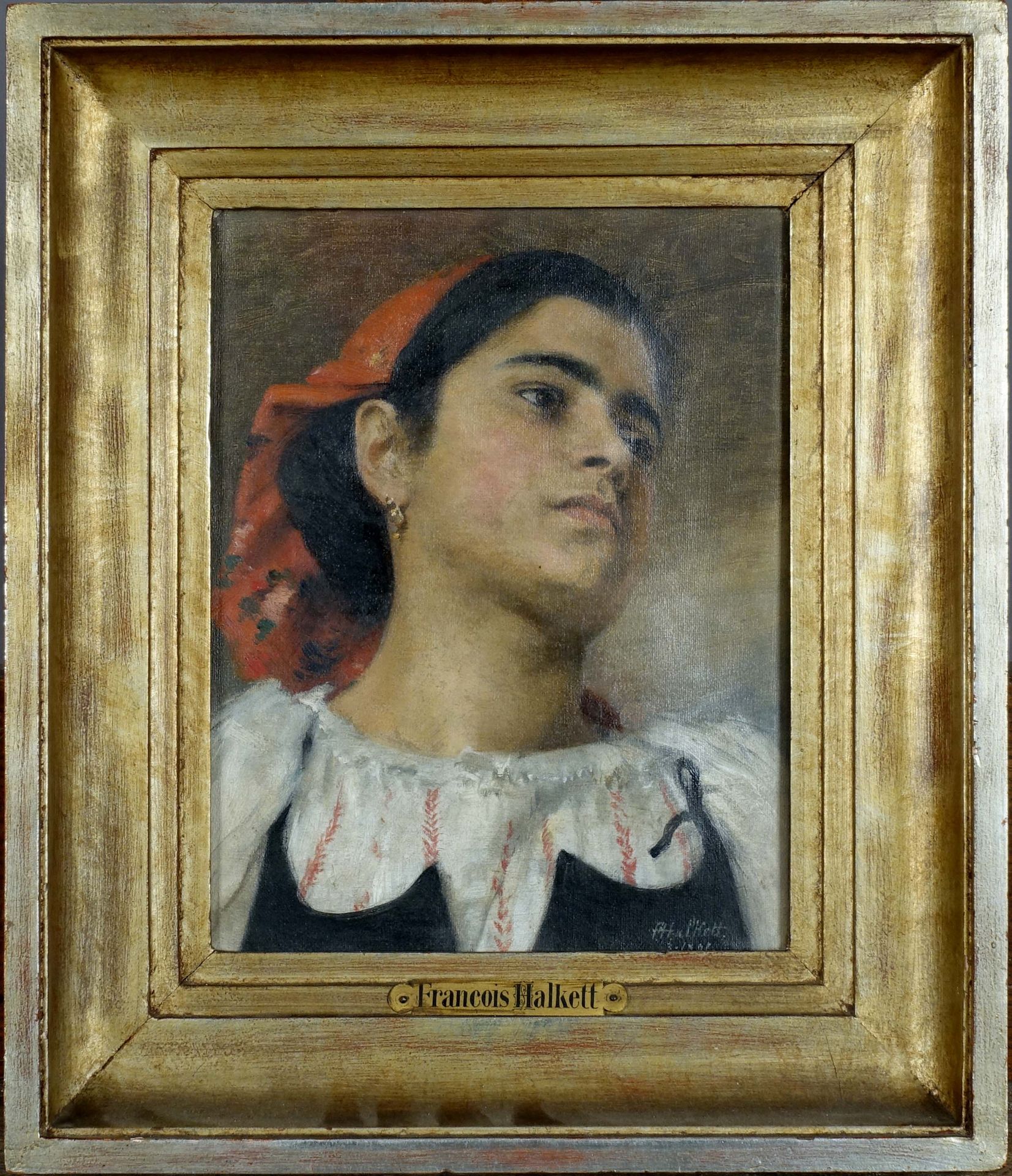 François Halkett (1856-1921). 一位女士的画像（日期为1891年）。布面油画，右下方有签名。尺寸：26 x 20厘米。