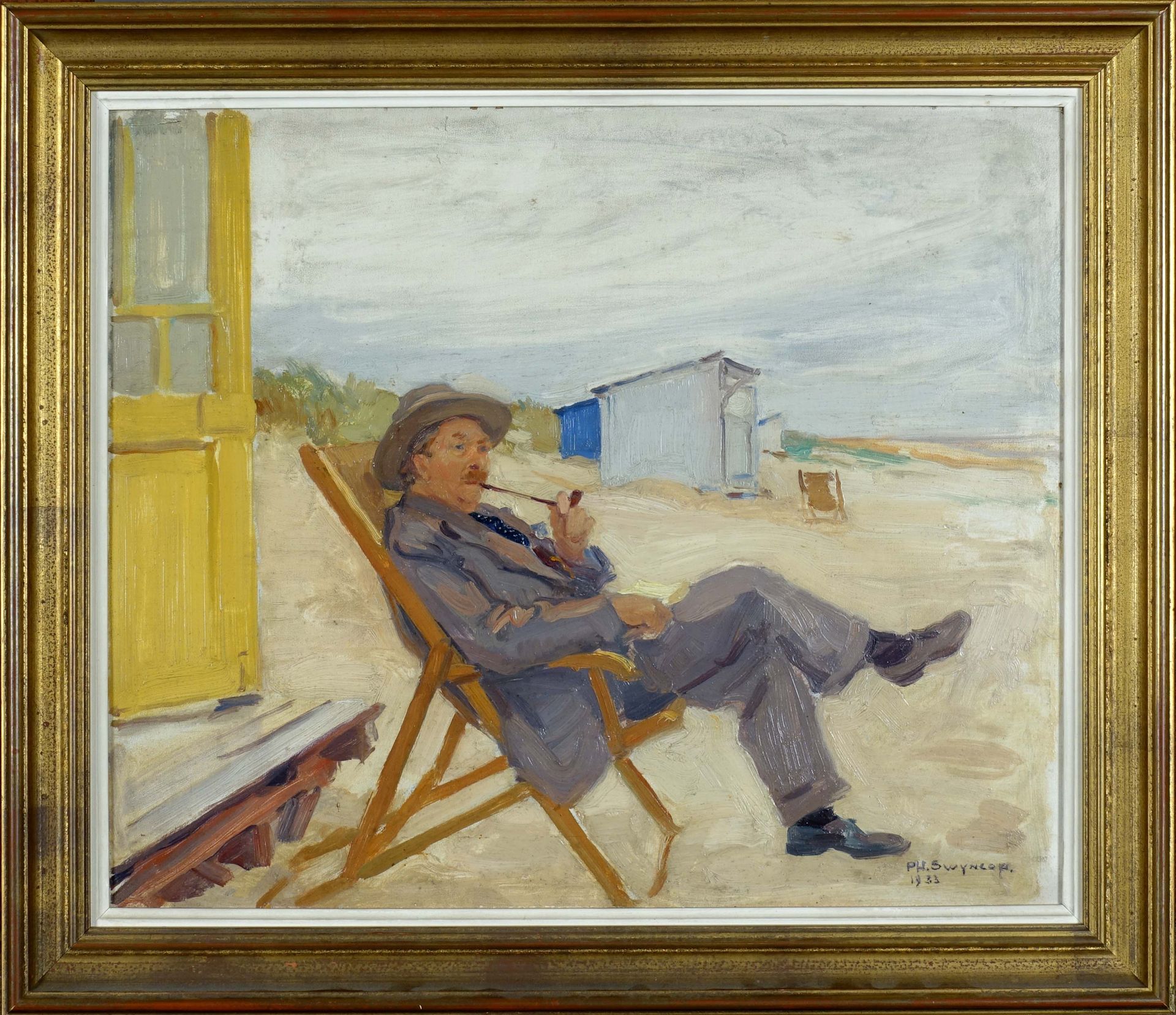 Philippe Swyncop (1878-1949). 海滩上的男人肖像》（日期为1933年）。面板油画，右下角有签名。尺寸：38 x 45厘米。