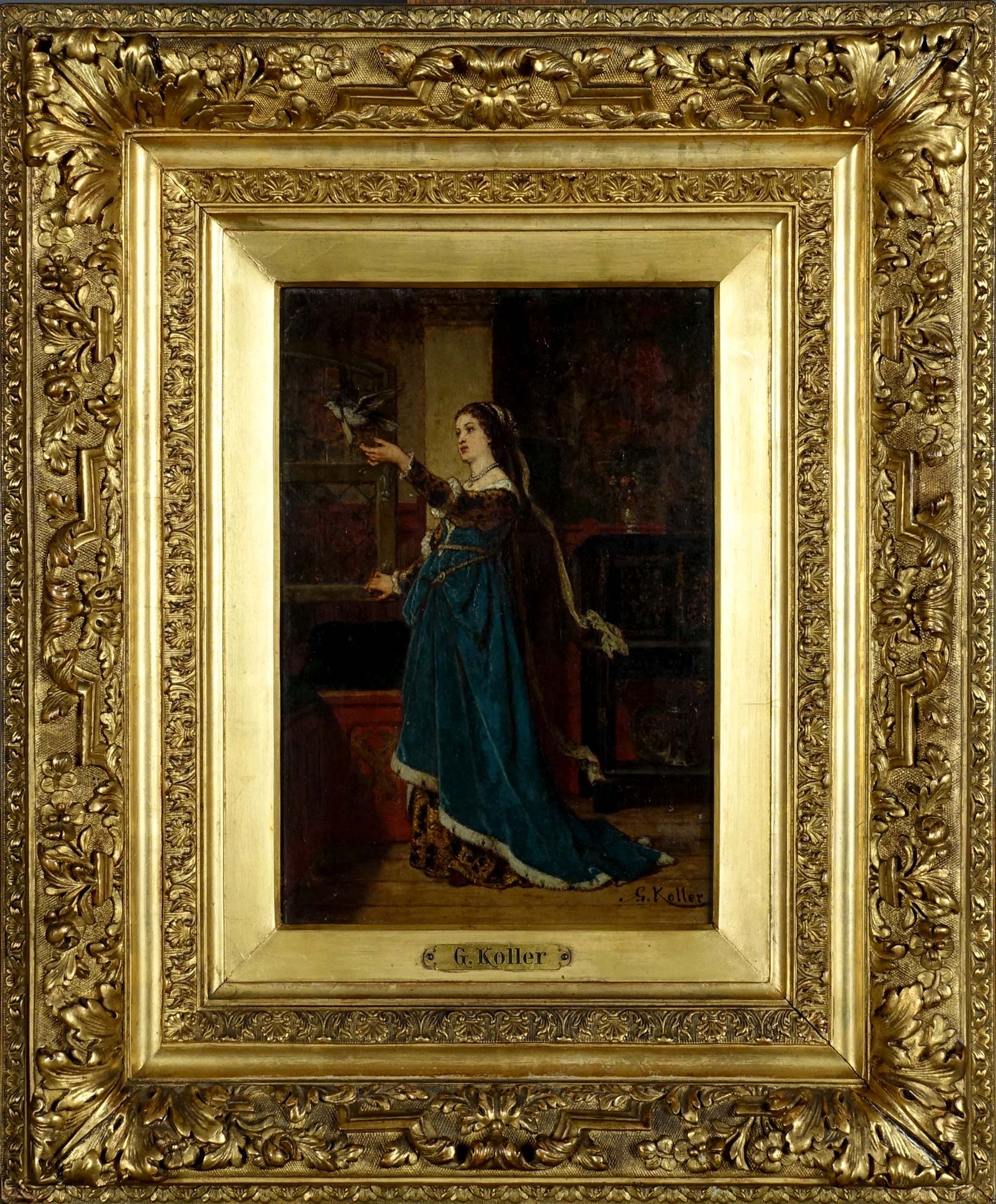 Guillaume Koller (1829-1884). 带着鸽子的年轻女子。面板油画，右下角有签名。尺寸：28 x 20厘米。