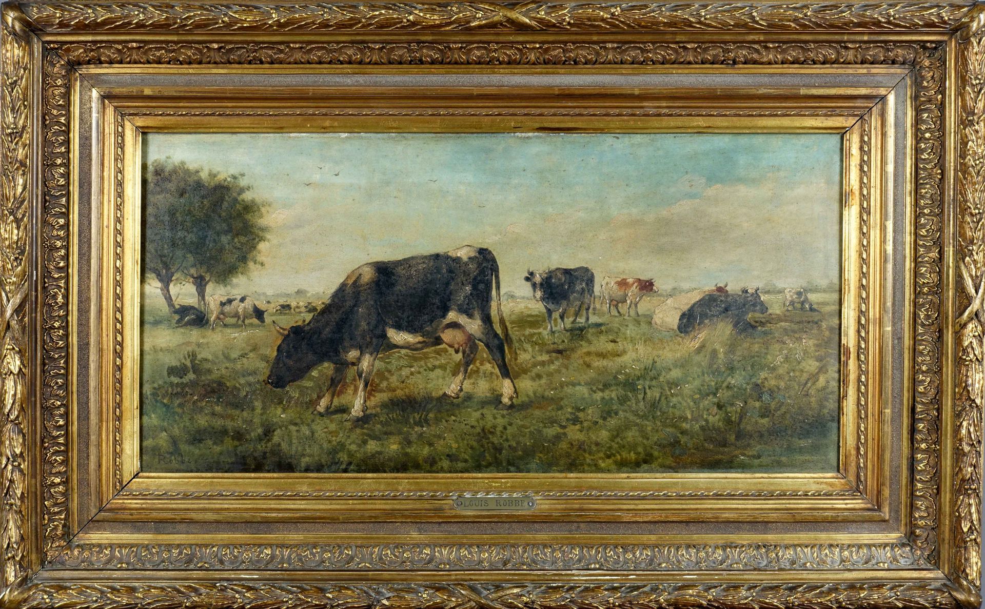 Louis Robbe (1806-1887). 草地上的奶牛。面板油画，左下角有签名。尺寸：33 x 66厘米。