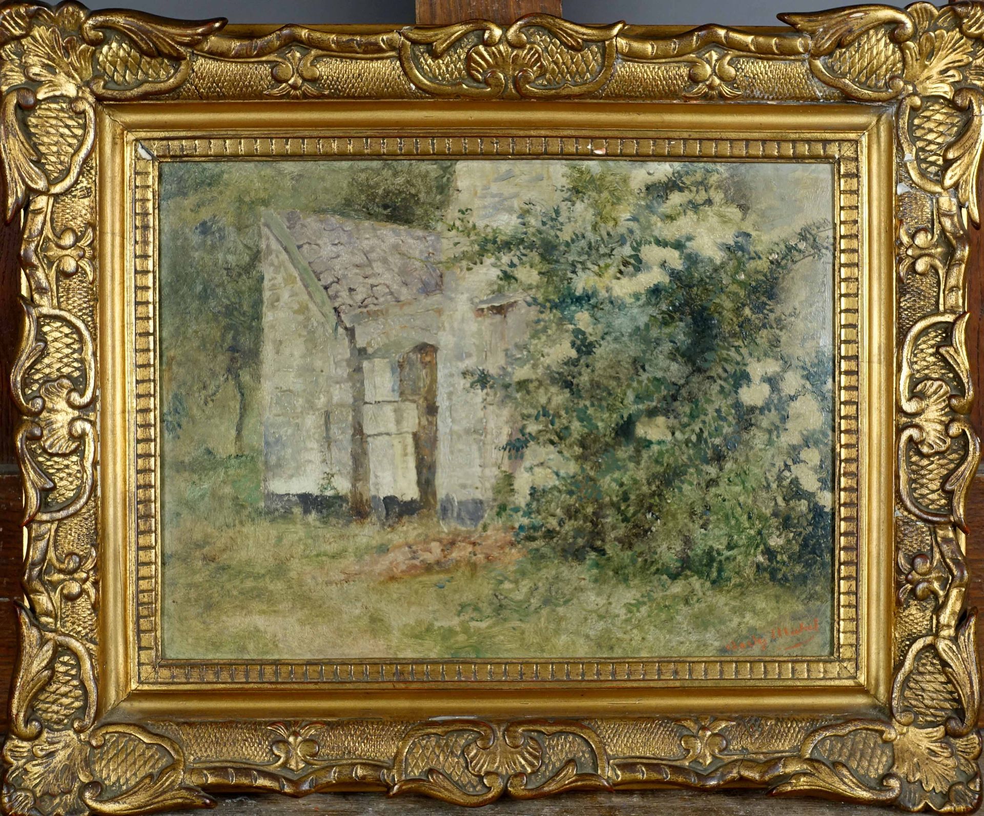 Charles Michel (1874-1967). 有树的房子。木板上的油画，右下角有签名。背面是布鲁塞尔的吉鲁画廊的标签。尺寸：36 x 27厘米。