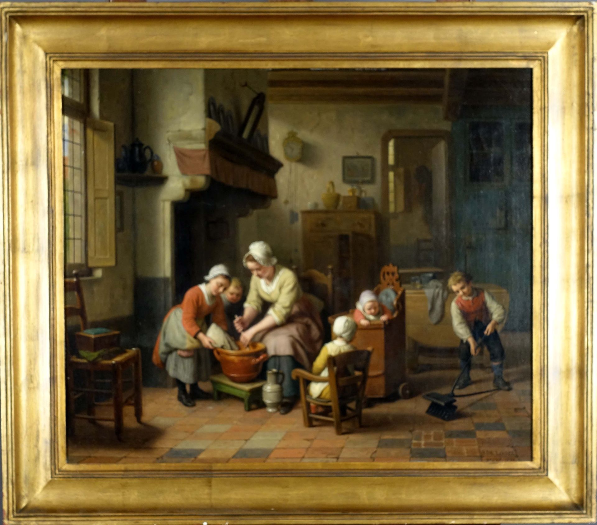 Basile de Loose (1809-1885). 动画的内部（日期为1876年）。布面油画，右下方有签名。尺寸：67 x 81厘米。