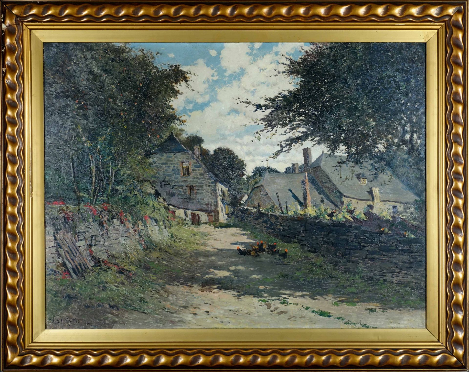 Vital Keuller (1866-1945). 村庄的入口（日期为1932年）。面板油画，左下角有签名。尺寸：75 x 100厘米。