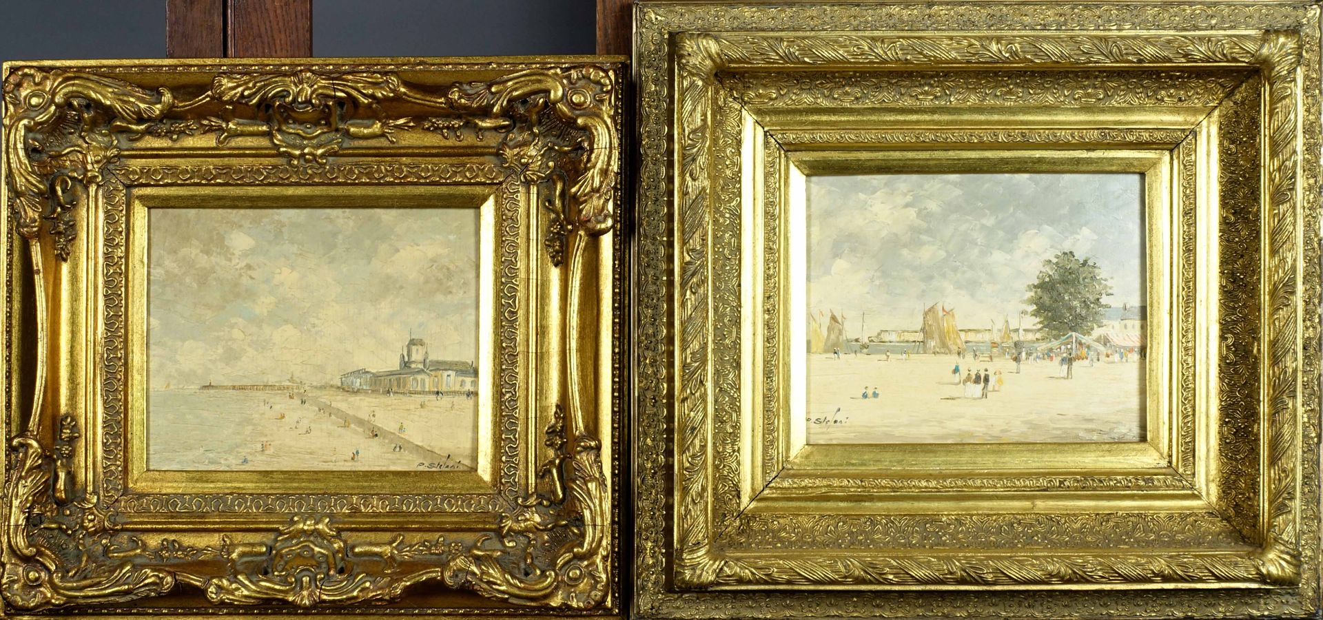 Pierre Stefani. 港口的市场 - 奥斯坦德的堤坝。板面油画，右下和左下有签名。两幅挂画。尺寸：20 x 25厘米。