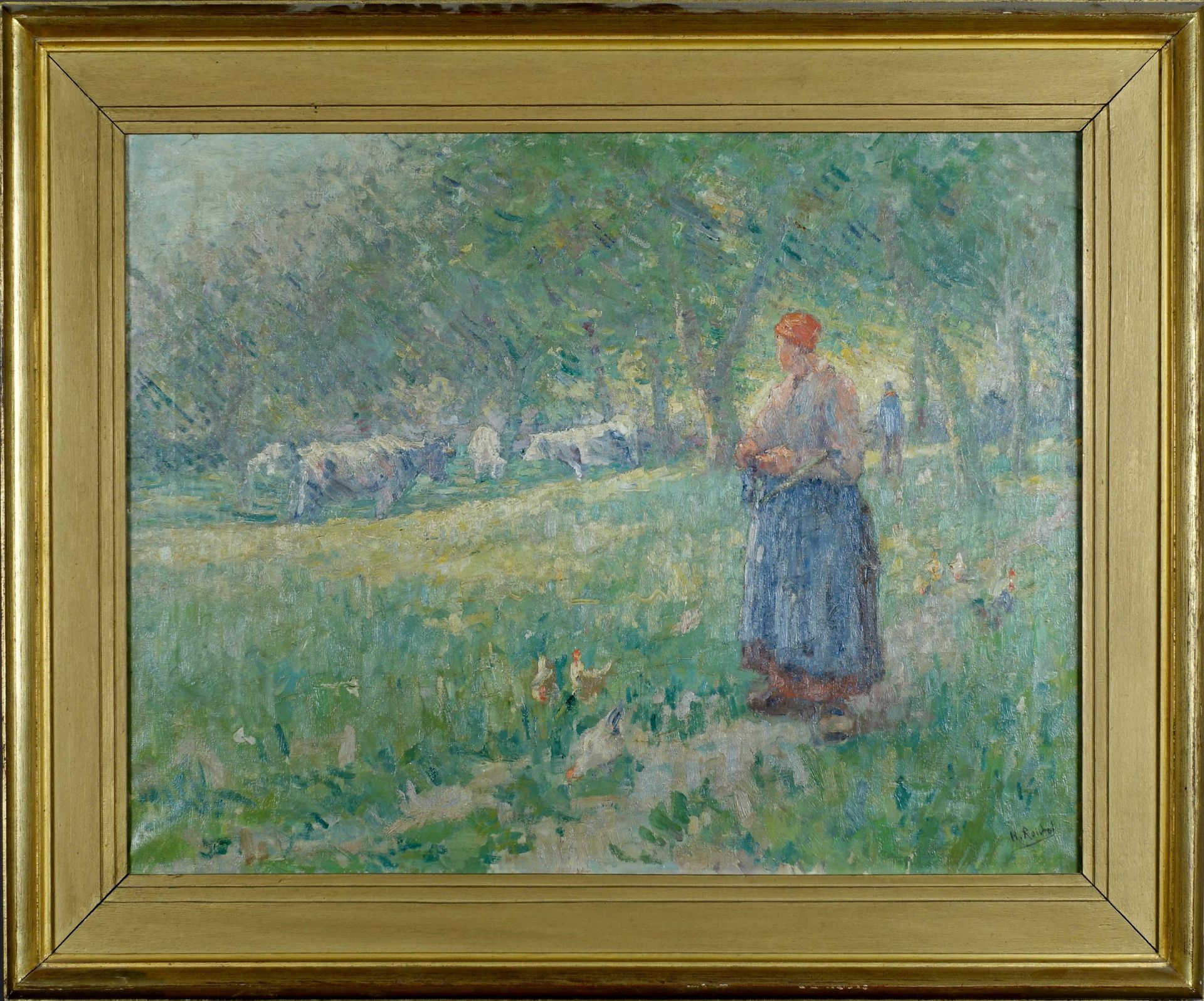 Henri Roidot (1877-1960). Bäuerin füttert Hühner in einem Obstgarten. Öl auf Lei&hellip;