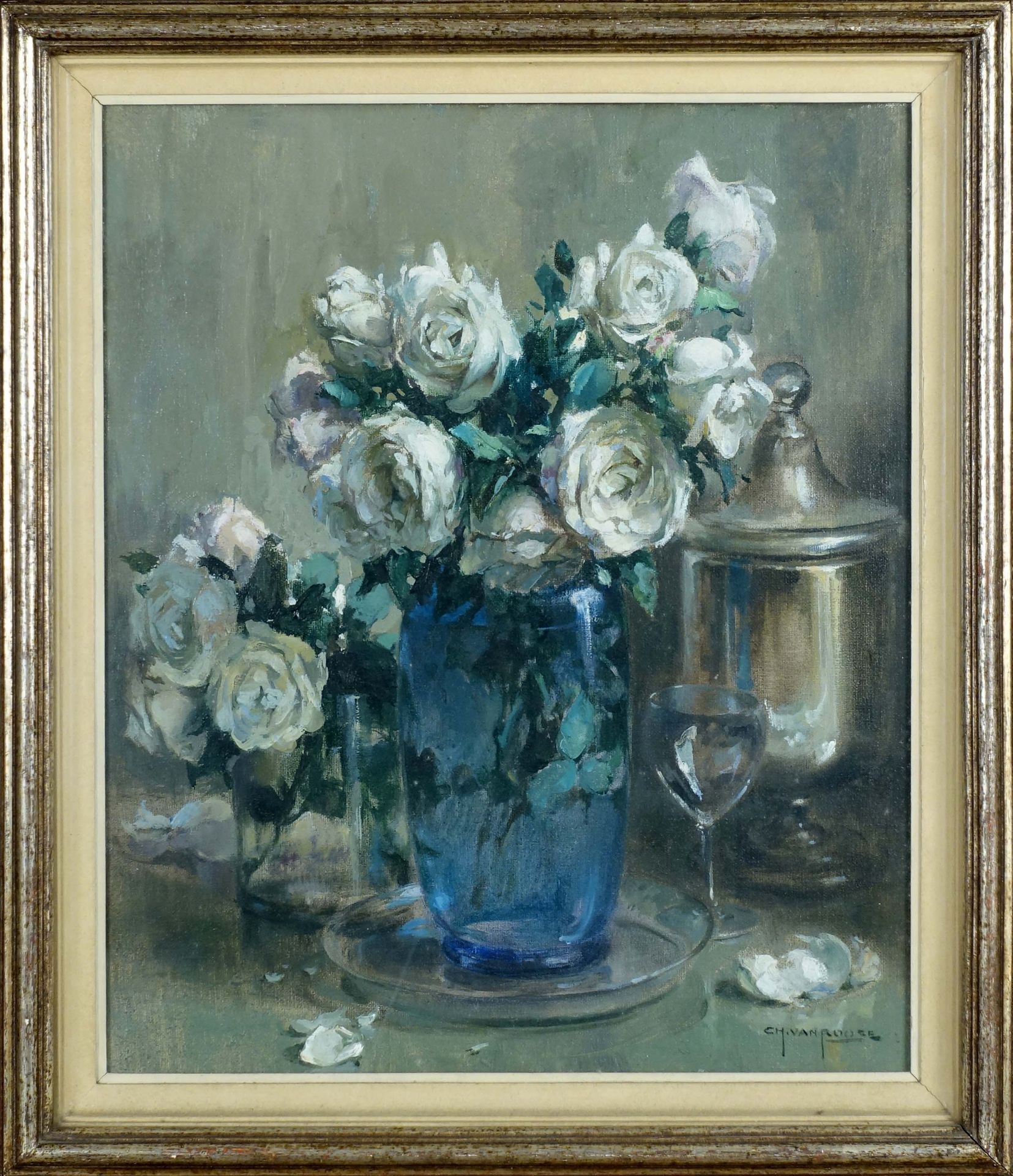Charles Van Roose (1883-1960). 白色的玫瑰。布面油画，右下方有签名。尺寸：55 x 46厘米。