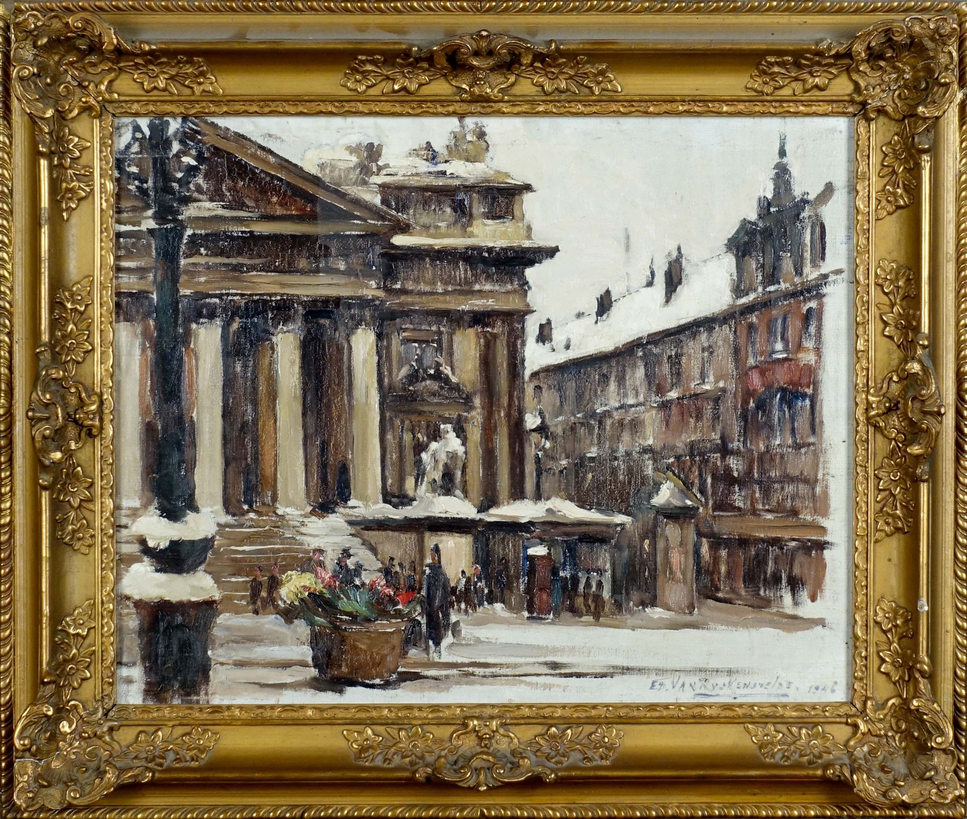 Ed. Van Ryskensvelde. 布鲁塞尔证券交易所（日期为1946年）。布面油画，右下方有签名。尺寸：40 x 50厘米。
