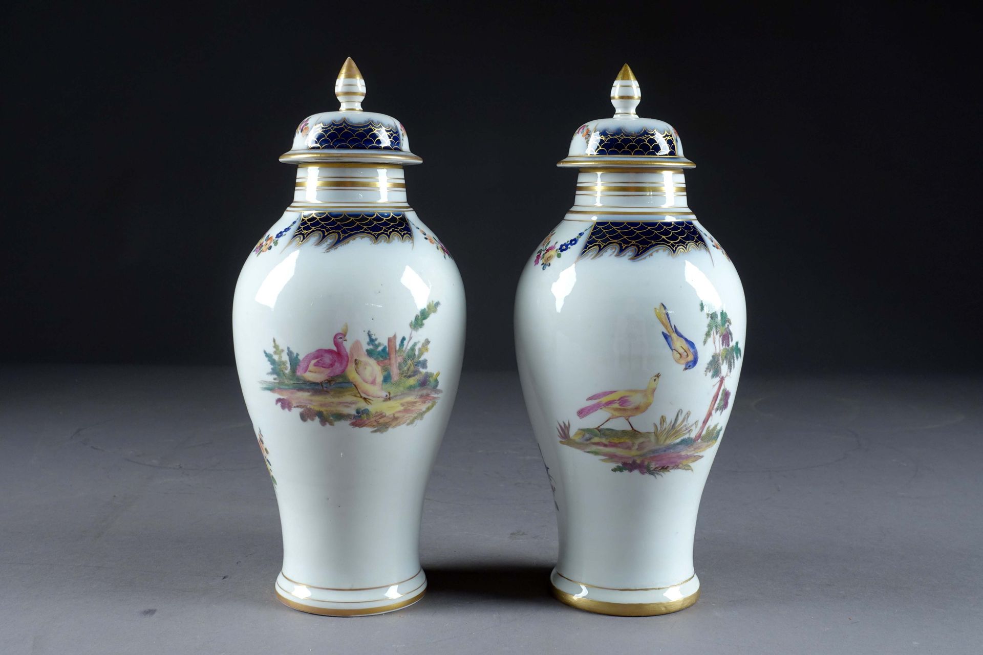 Paire de vases couverts de forme fuselée. 白釉瓷器，釉上彩，有鸟和花环的构图。蓝色珐琅的鸟的标记。高度：27厘米。状态&hellip;