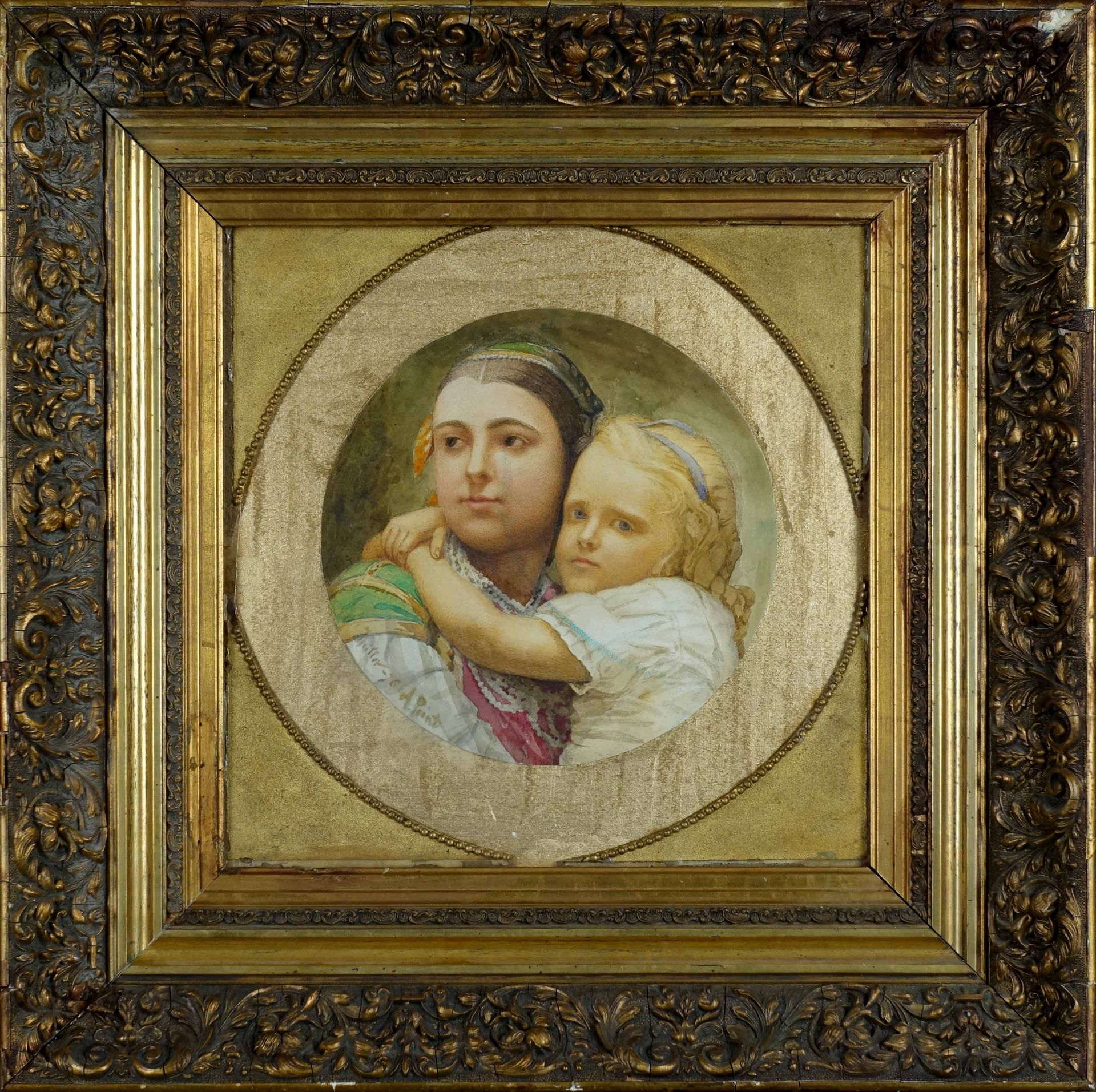 Armand POINT (1860-1932). 母亲和孩子。水彩画，左下角有签名。尺寸：26 x 26厘米。