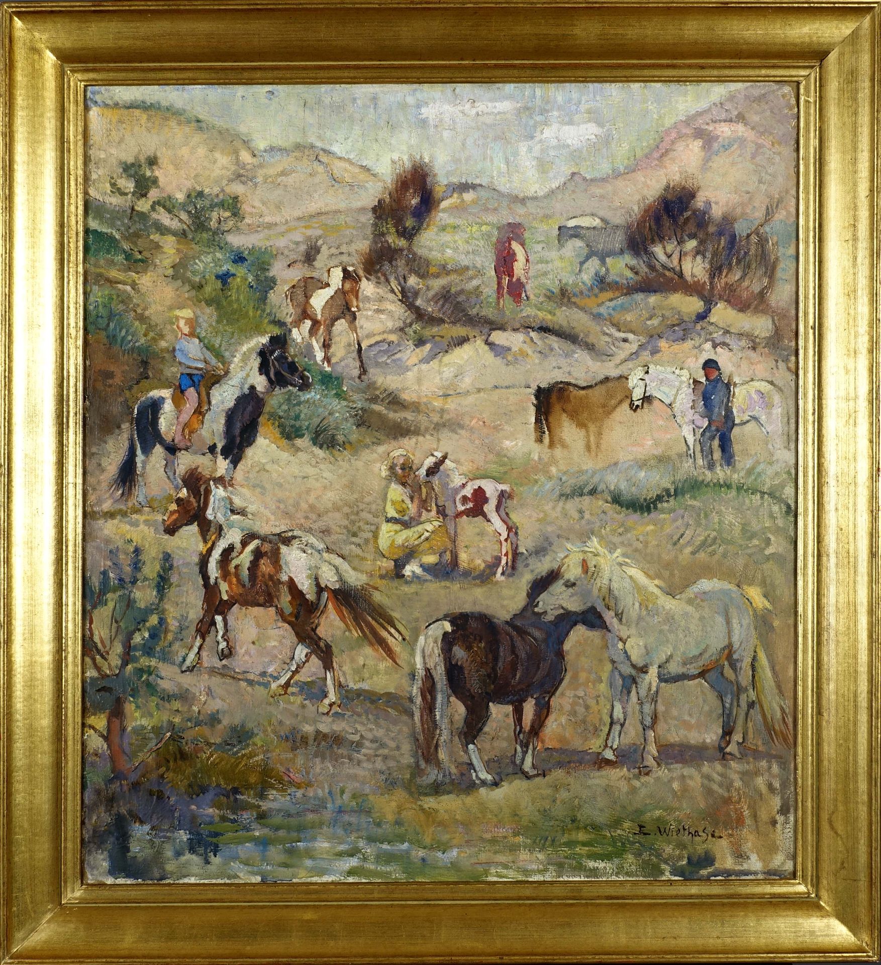 Edgard Wiethase (1881-1965). 马匹 - 港口城市 布面油画，双面，右下角有签名。尺寸：80 x 70厘米。