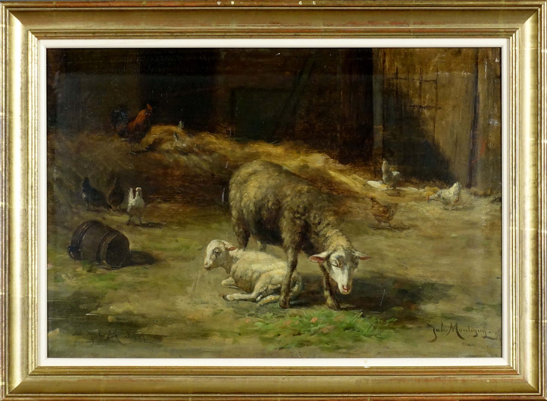 Jules Montigny (1847-1899). 马厩里的羊。面板油画，右下角有签名。尺寸：27 x 40厘米。