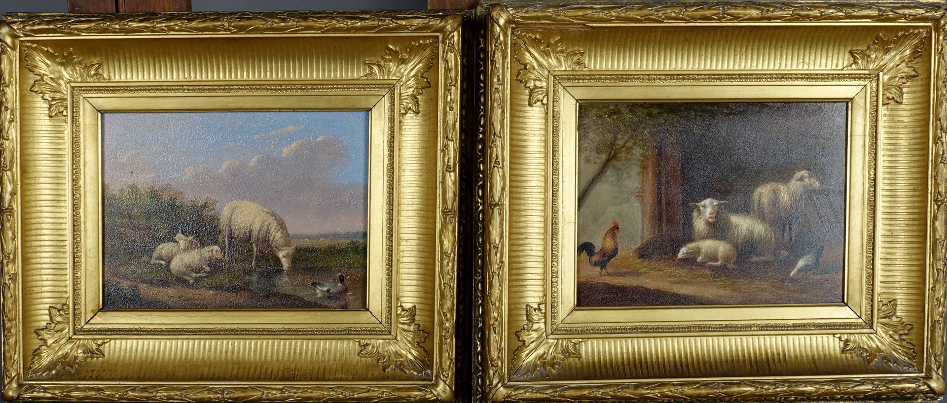Jules Léonard (1827-1897). 绵羊（日期为1868年）。面板油画，左下角有签名。两个吊坠。尺寸：18 x 23厘米。
