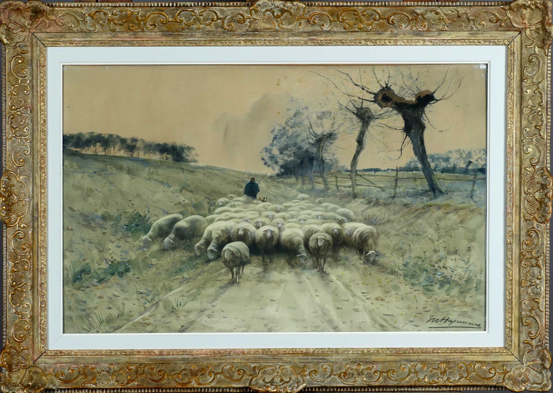 Maurice Hagemans (1852-1917). 绵羊的回归。水彩画，右下方有签名。尺寸：49 x 77厘米。