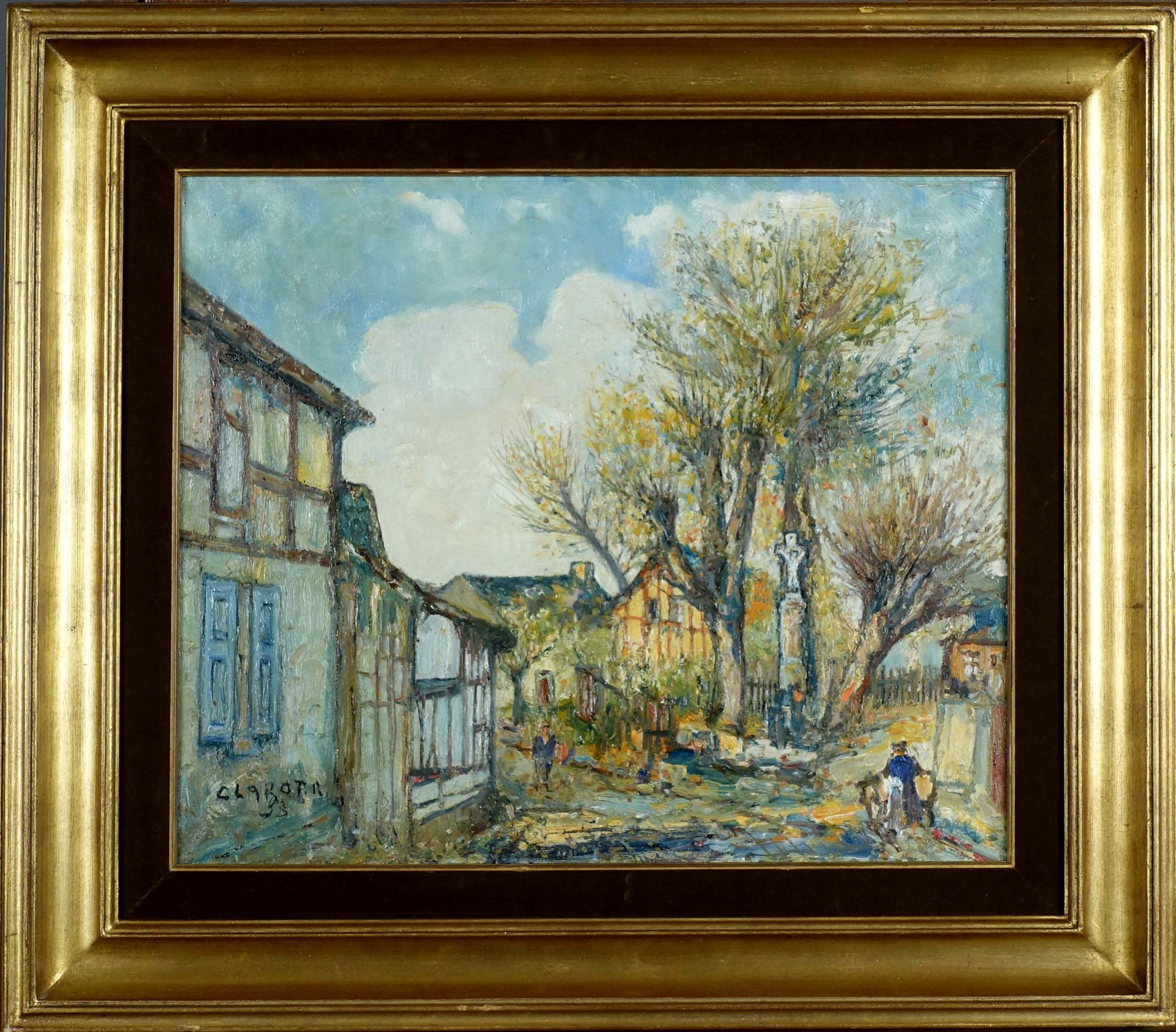 René Clarot (1882-1972). 有大柳树的村庄广场。布面油画，左下方有签名。尺寸：50 x 60厘米。