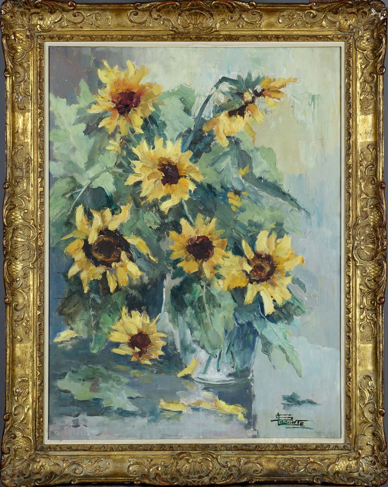 Simone Lecomte (1892 - ? ). Sunflowers. Oil on canvas, signed lower right. Size &hellip;