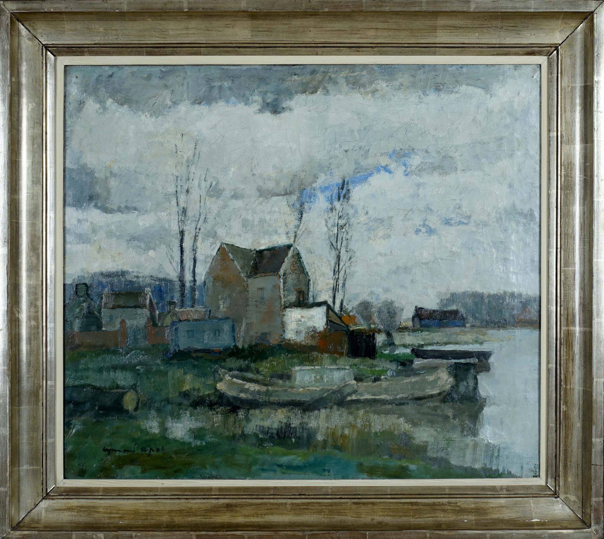 Armand Apol (1879-1950). 水边的房子。布面油画，左下方有签名。尺寸：65 x 75厘米。