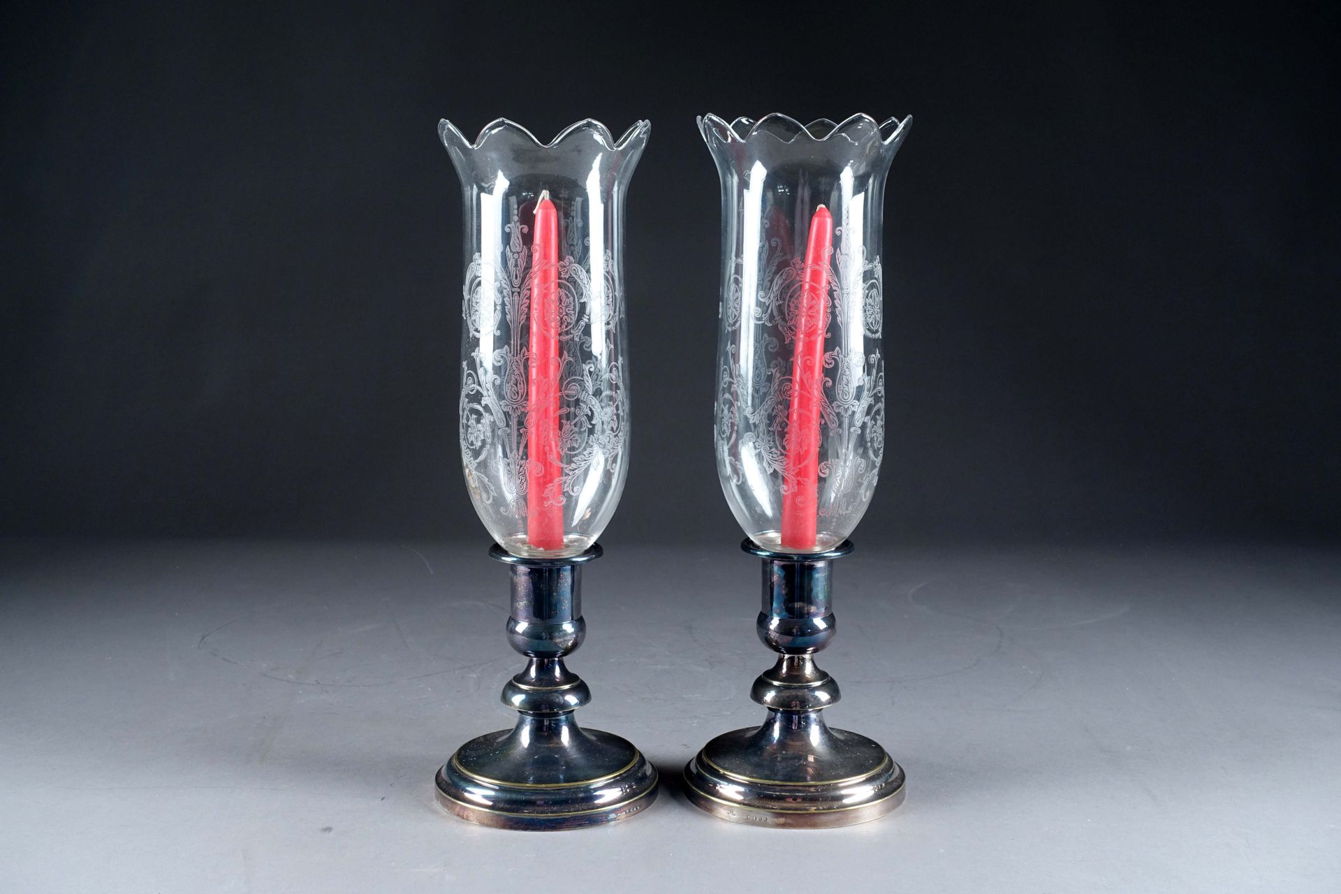 Christofle et cristallerie de Baccarat. Pair of silver-plated metal candle holde&hellip;