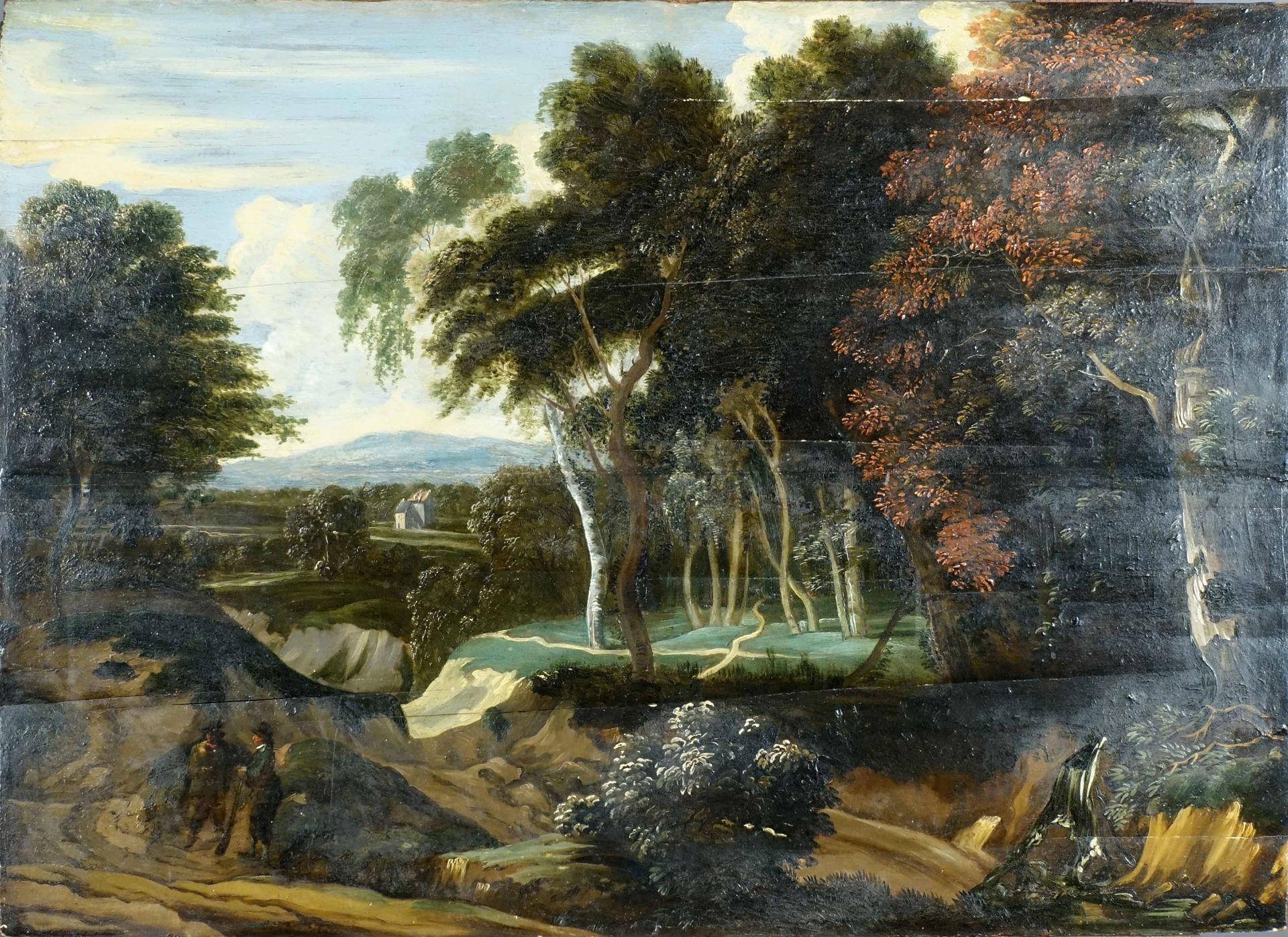 École française du XVIIIe siècle. 有猎人的风景。板上油彩。尺寸：58,5 x 80厘米。