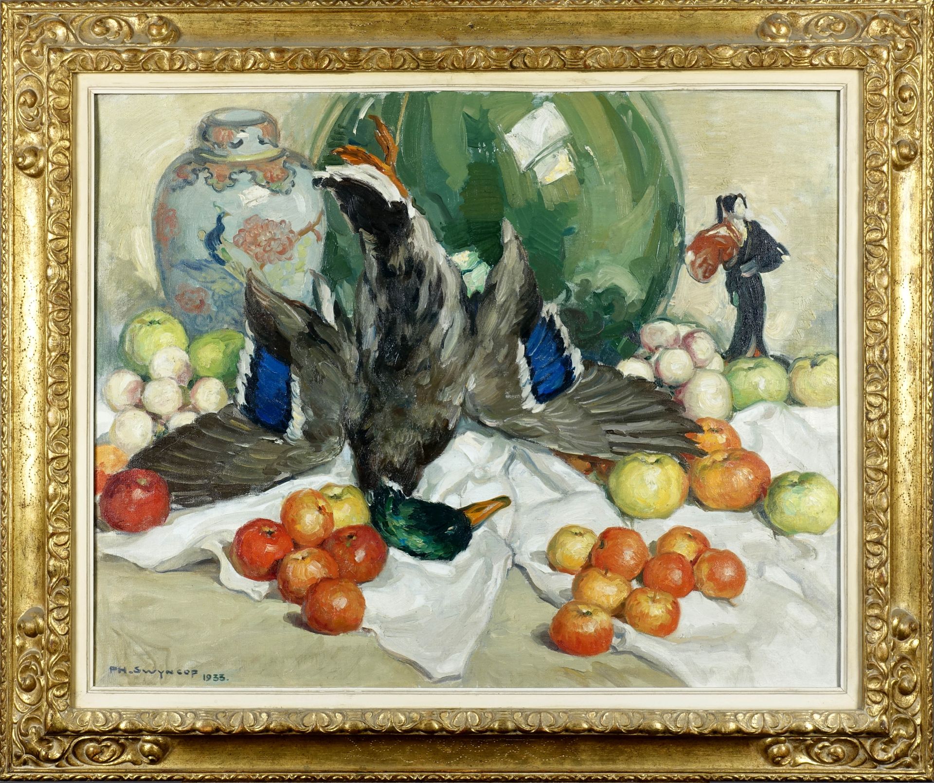 Philippe Swyncop (1878-1949). 有野鸭的静物。布面油画，左下方有签名。尺寸：80 x 100厘米。