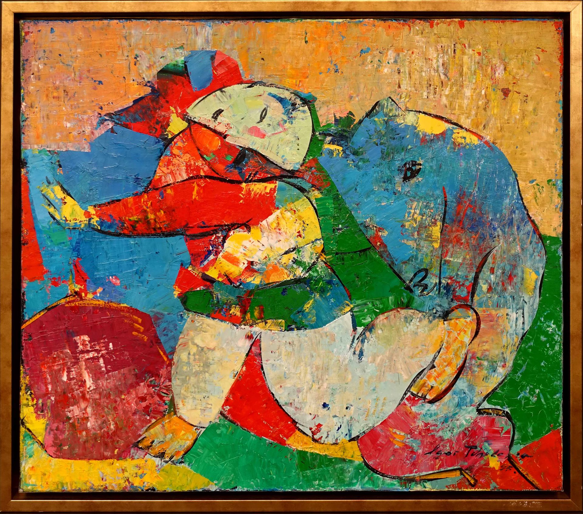 Tcholaria (1959). 蓝马与一个男孩。布面油画，右下方有签名。背面的日期是1995年。