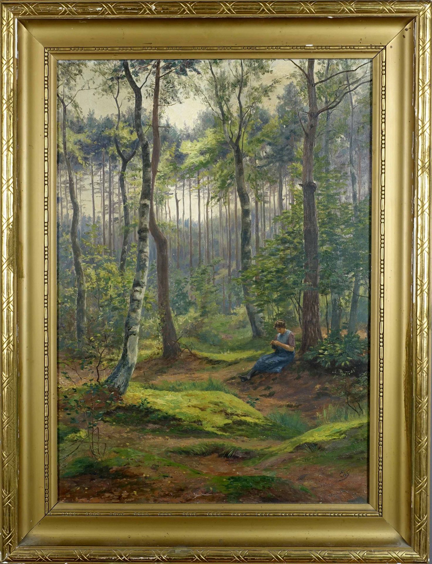 Edmond De Schampheleer (1824-1899). 灌木丛中的农家女。布面油画，右下角有文字说明。尺寸：70 x 50厘米。
