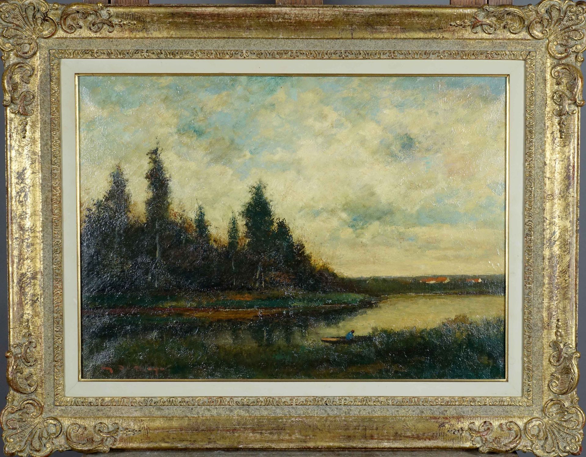 Maurice de Meyer (1911-1999). 池塘边的渔夫。布面油画，左下方有签名。尺寸：50 x 70厘米。