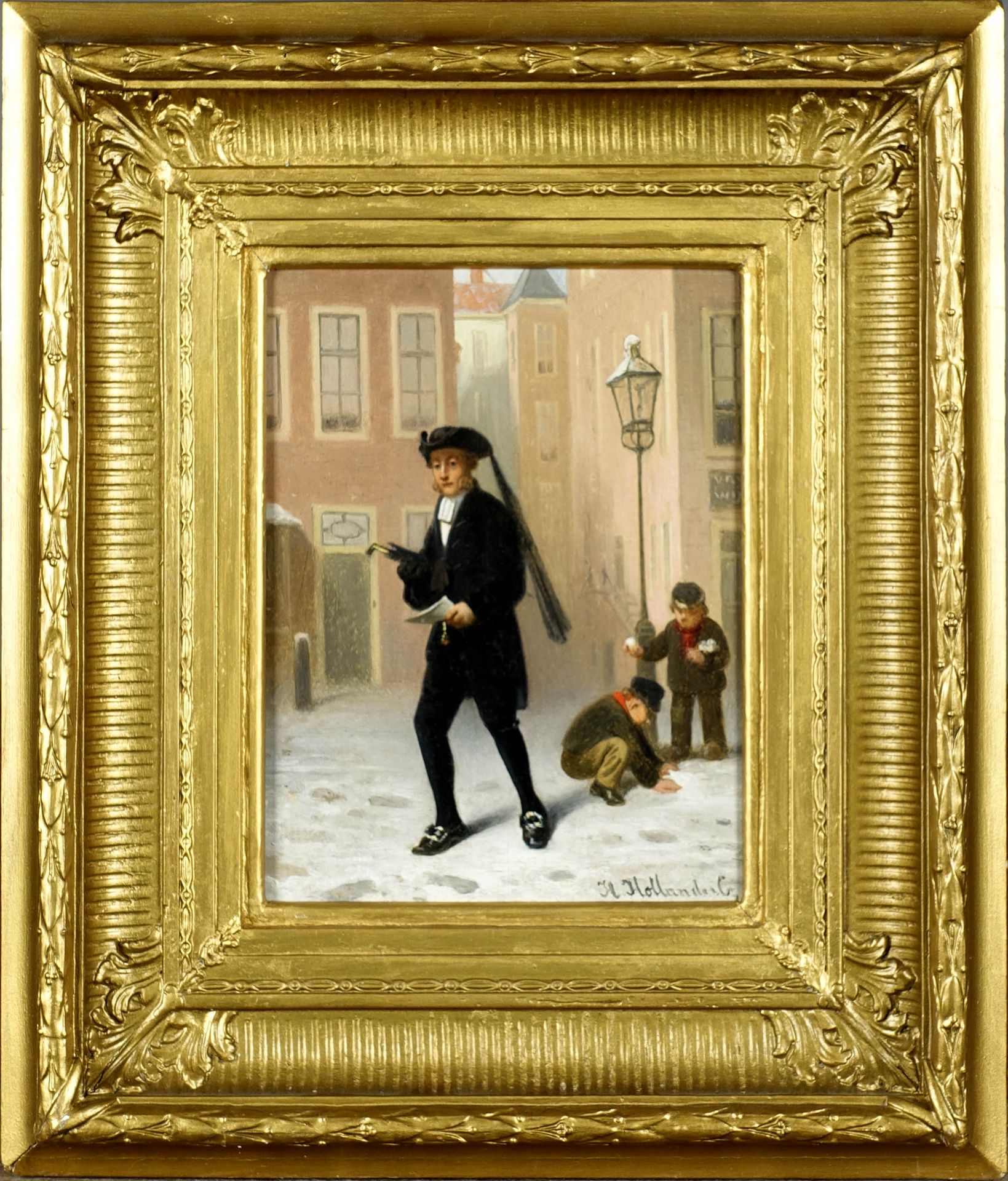 Hendrik Hollander (1823-1884). 下雪天。布面油画，右下方有签名。尺寸：23 x 17厘米。