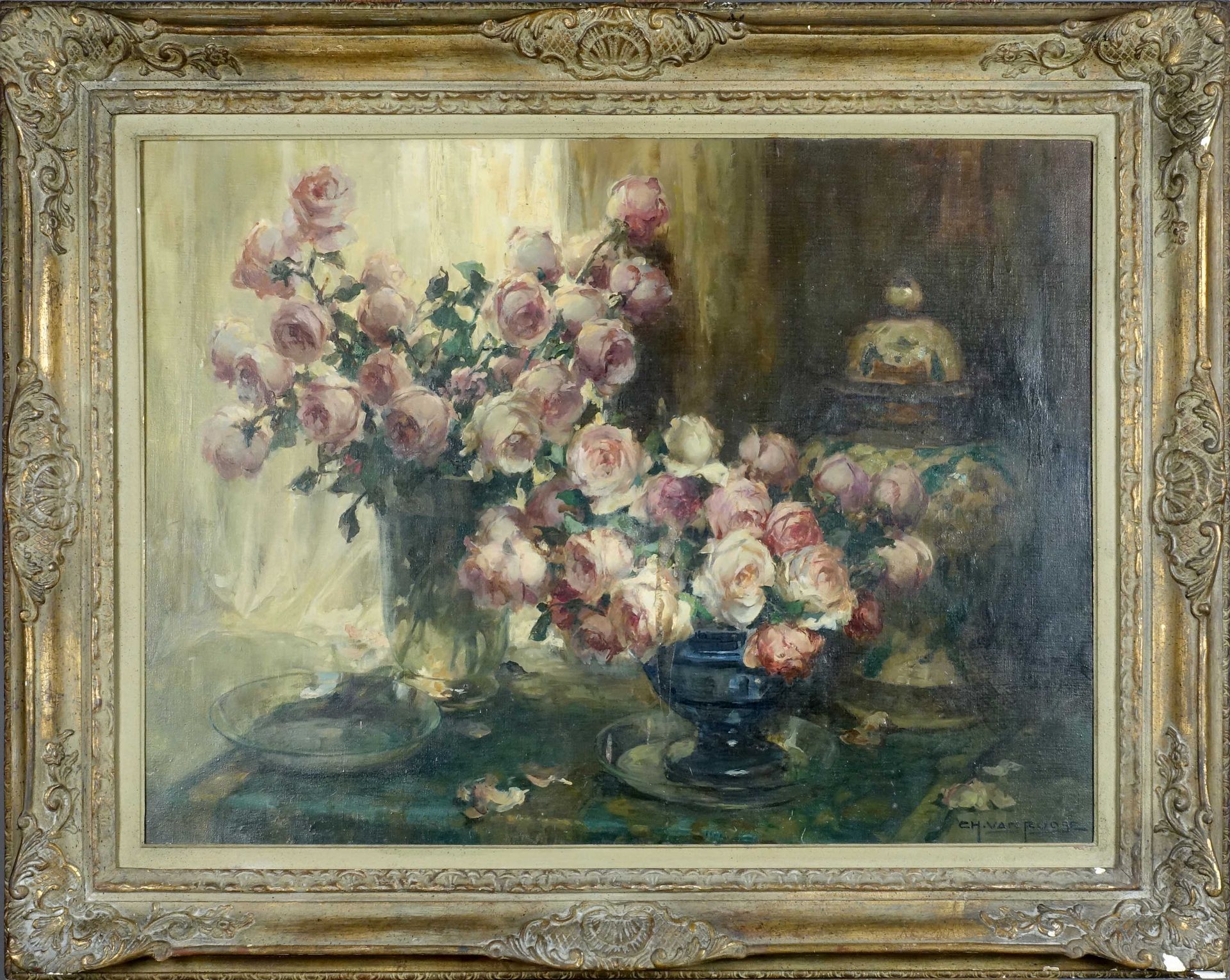 Charles Van Roose (1883-1960). Still life with roses and a vase. Oil on canvas, &hellip;