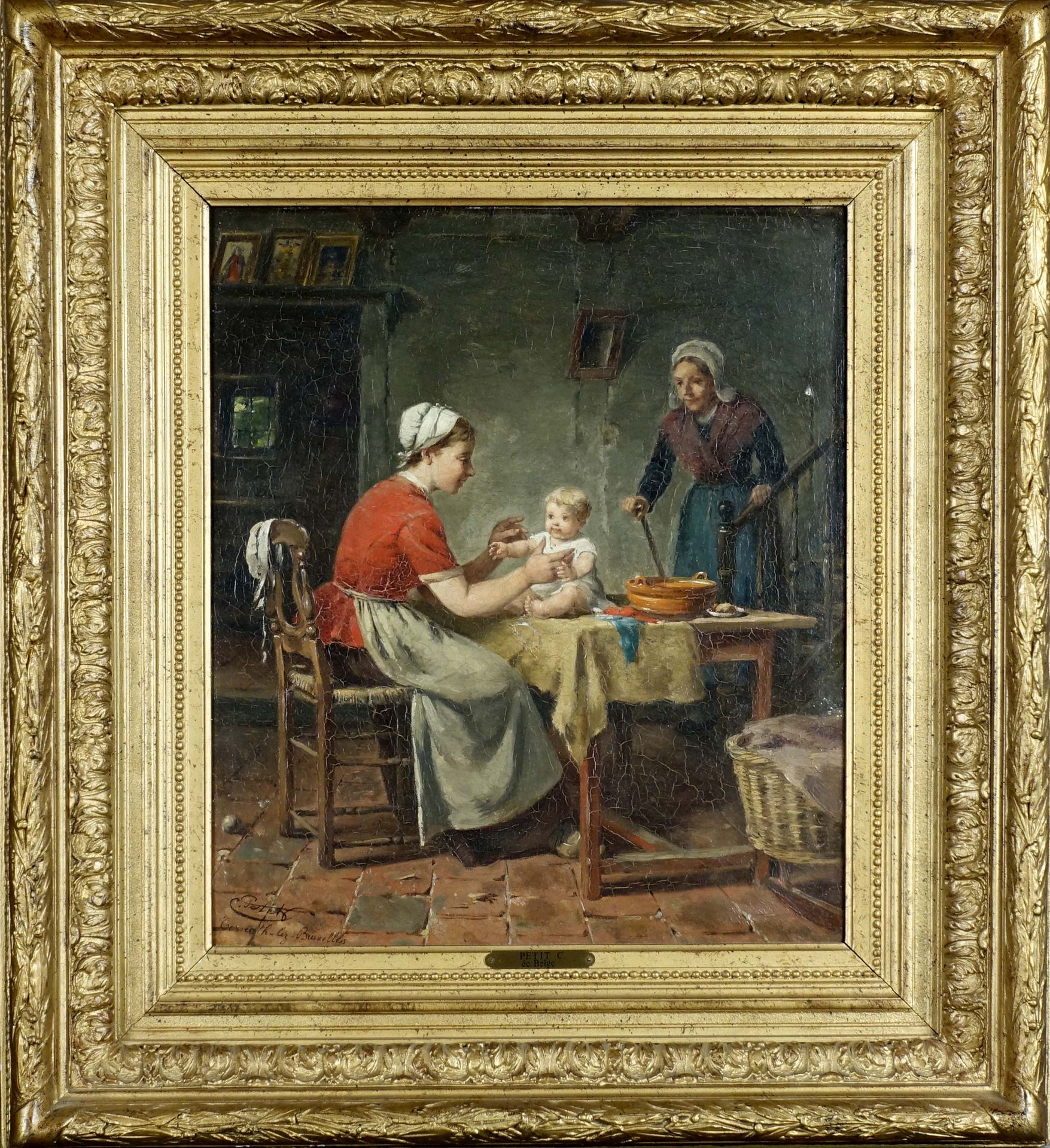 Charles Petit (1863-1949). 幸福的母亲。布面油画，左下方有签名。背面有认证。尺寸：46 x 38厘米。