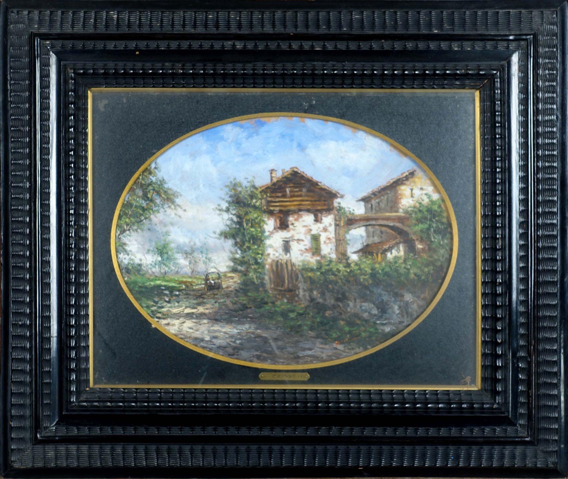 Athos Renzo Brioschi (1910-2000). 有房子和车的风景。面板油画，右下角有签名。尺寸：26 x 36厘米。