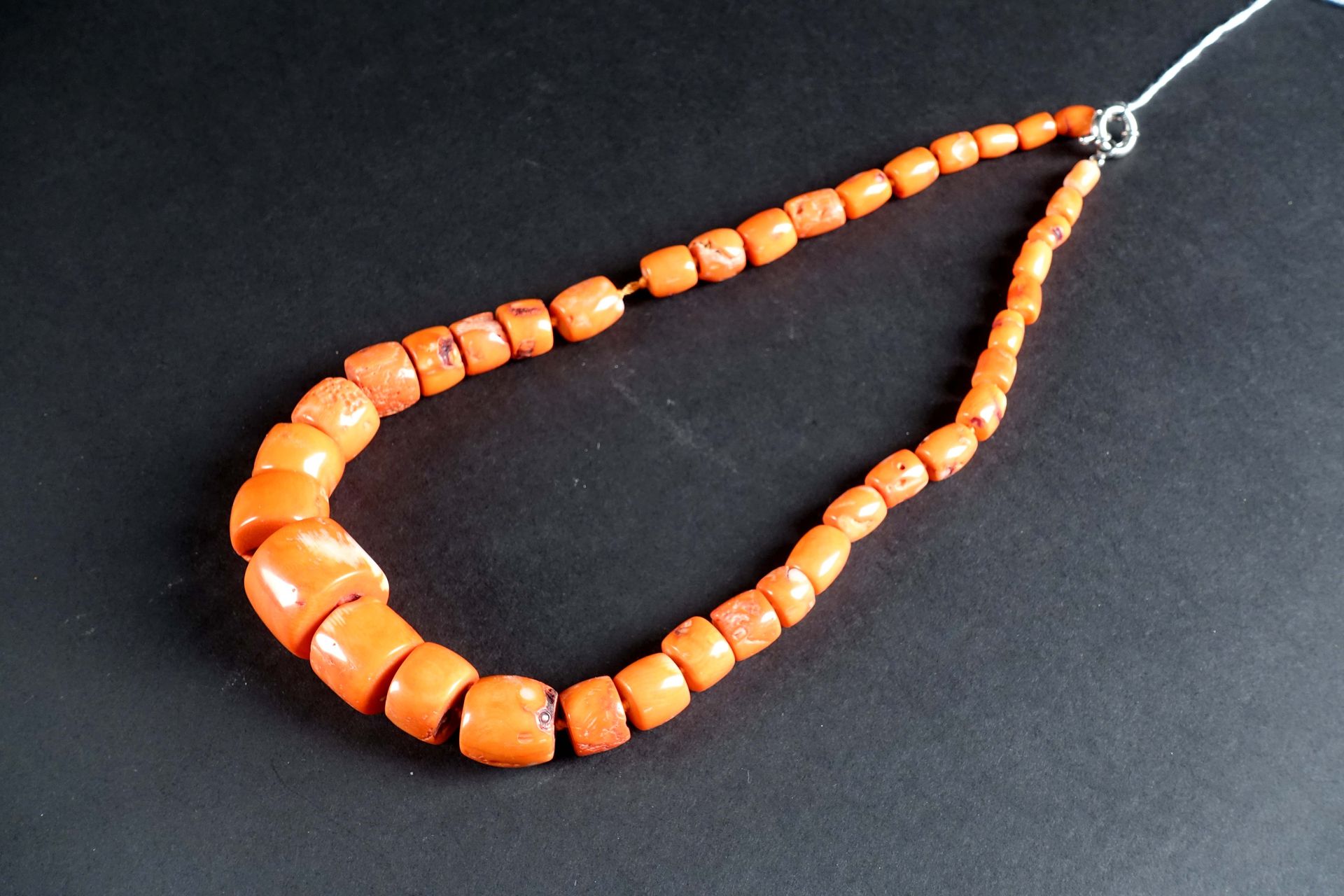 Collier en Chute de Perles de Corail Orangé. Silver clasp. Length : 60 cm.
