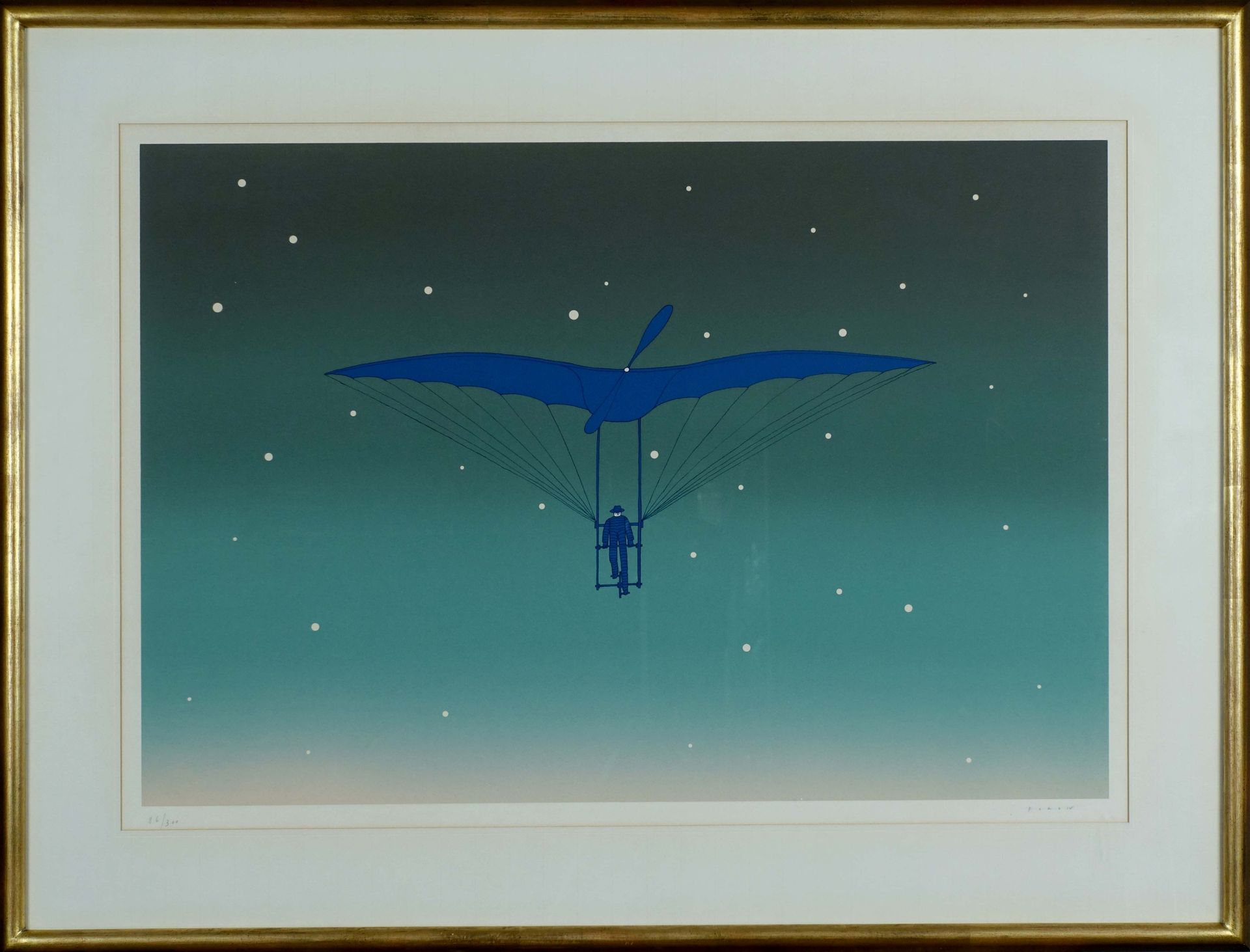 Jean-Michel FOLON (1934-2005). 那个鸟人石版画右下方有签名。N° 86/300.尺寸：55 x 77厘米。