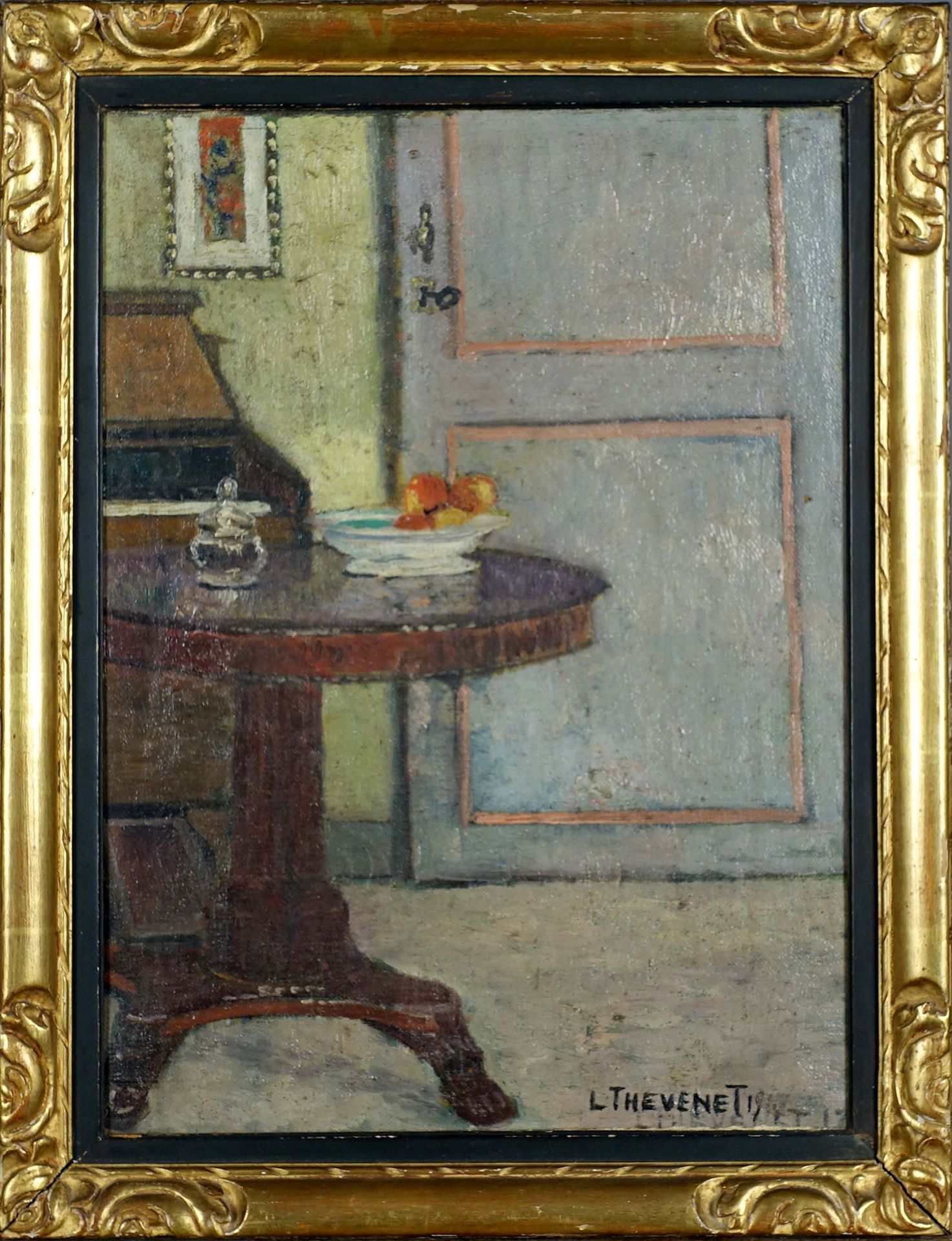 Louis Thévenet (1874-1930). 底座桌（日期为191年（？）布面油画，右下方有签名。尺寸：37 x 27厘米。