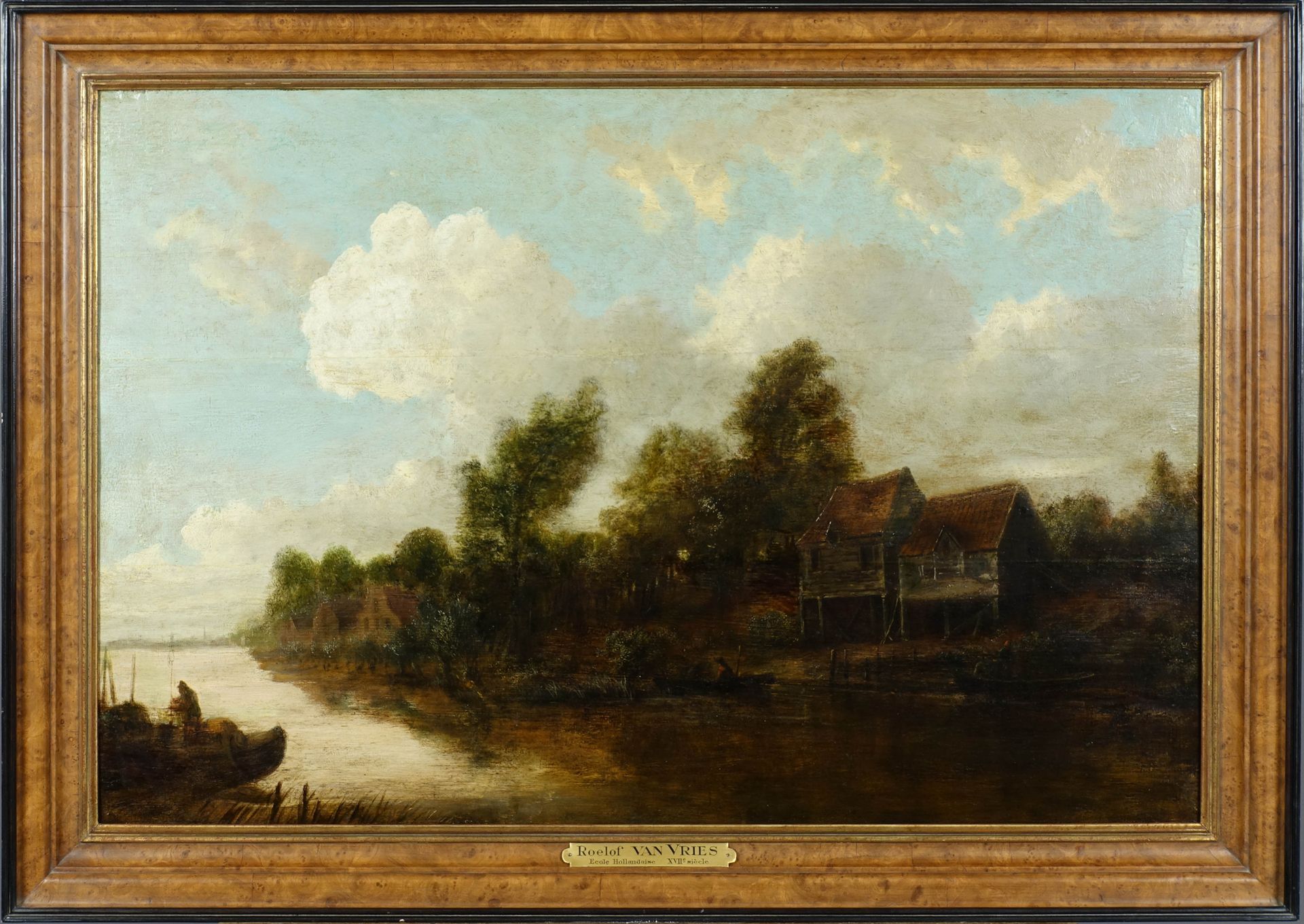 Roelof Van Vries (1631-1681) - (attribué à). 在水边的房子。板上油彩。尺寸：62 x 92厘米。