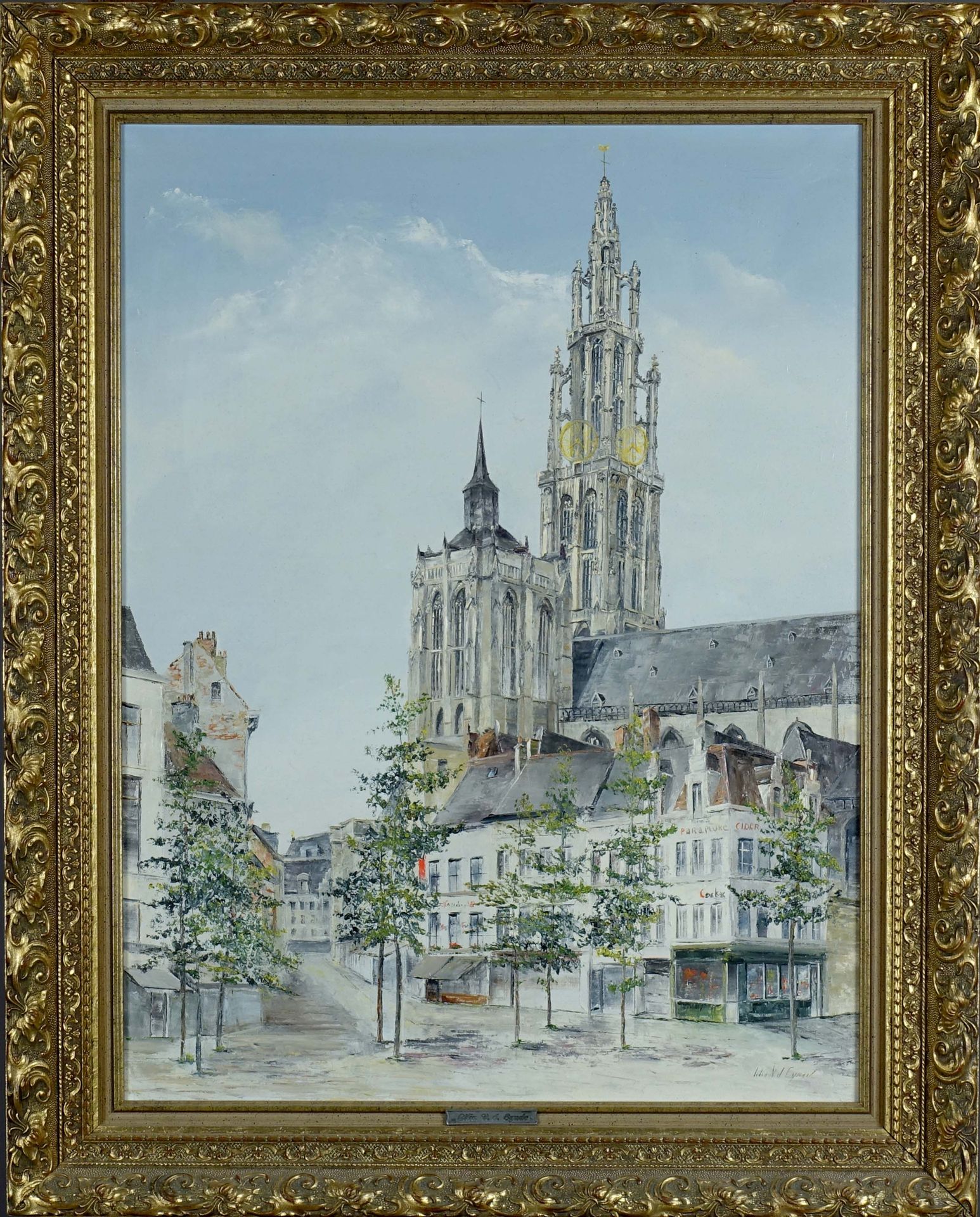 Lilia Van Den Eynde - XXe siècle. 大教堂。布面油画，右下方有签名。尺寸：80 x 60厘米。