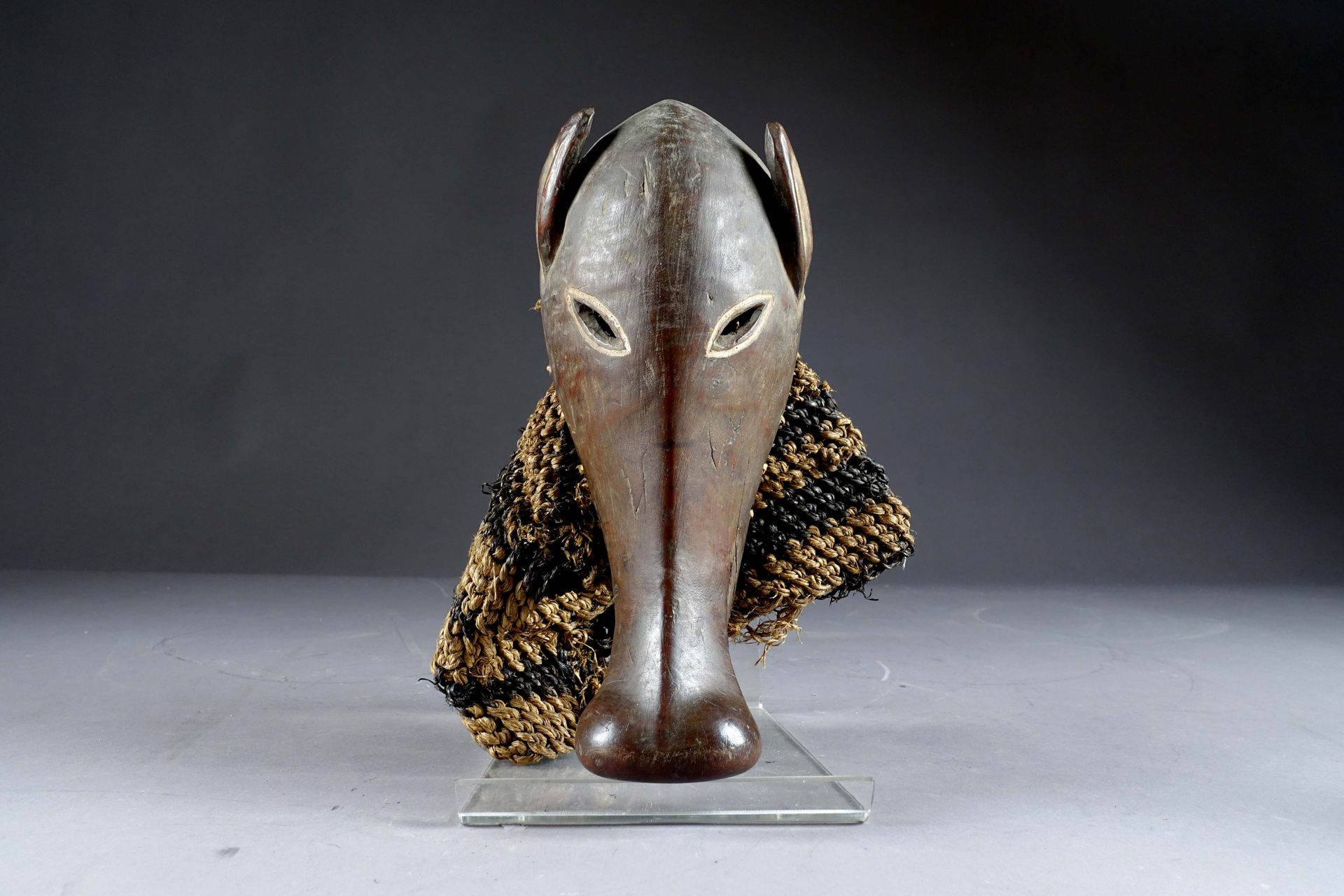 Masque Ngulu. 描绘了一个有突出的鼻子的猪头造型。头部边缘有穿孔，颈部是由植物纤维制成。雕刻的木头，有白色的亮点。Tchokwe种族群体。刚果民主共&hellip;
