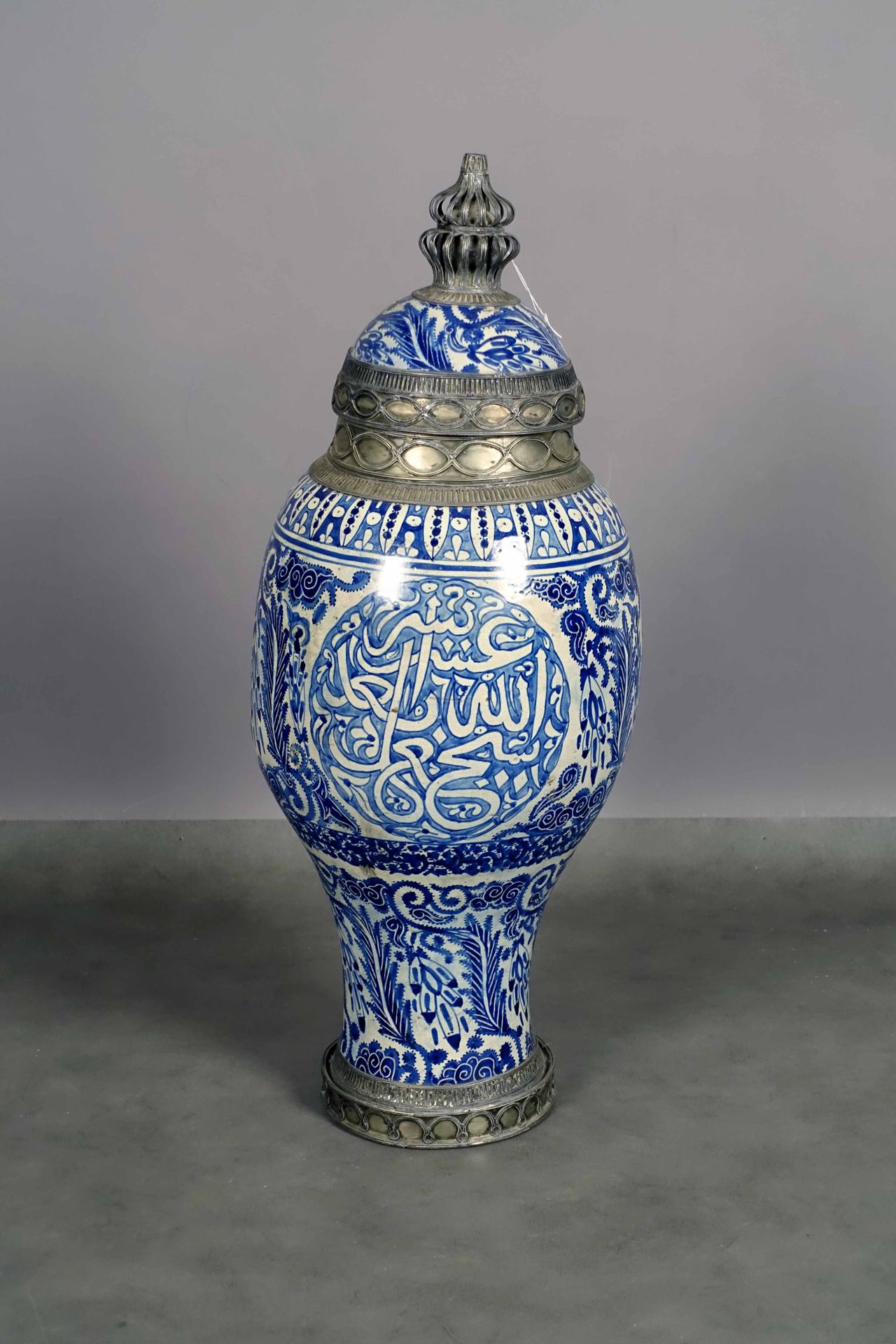 Grand vase couvert. Fez ceramic with blue enamel, decorated with arabesques, fol&hellip;