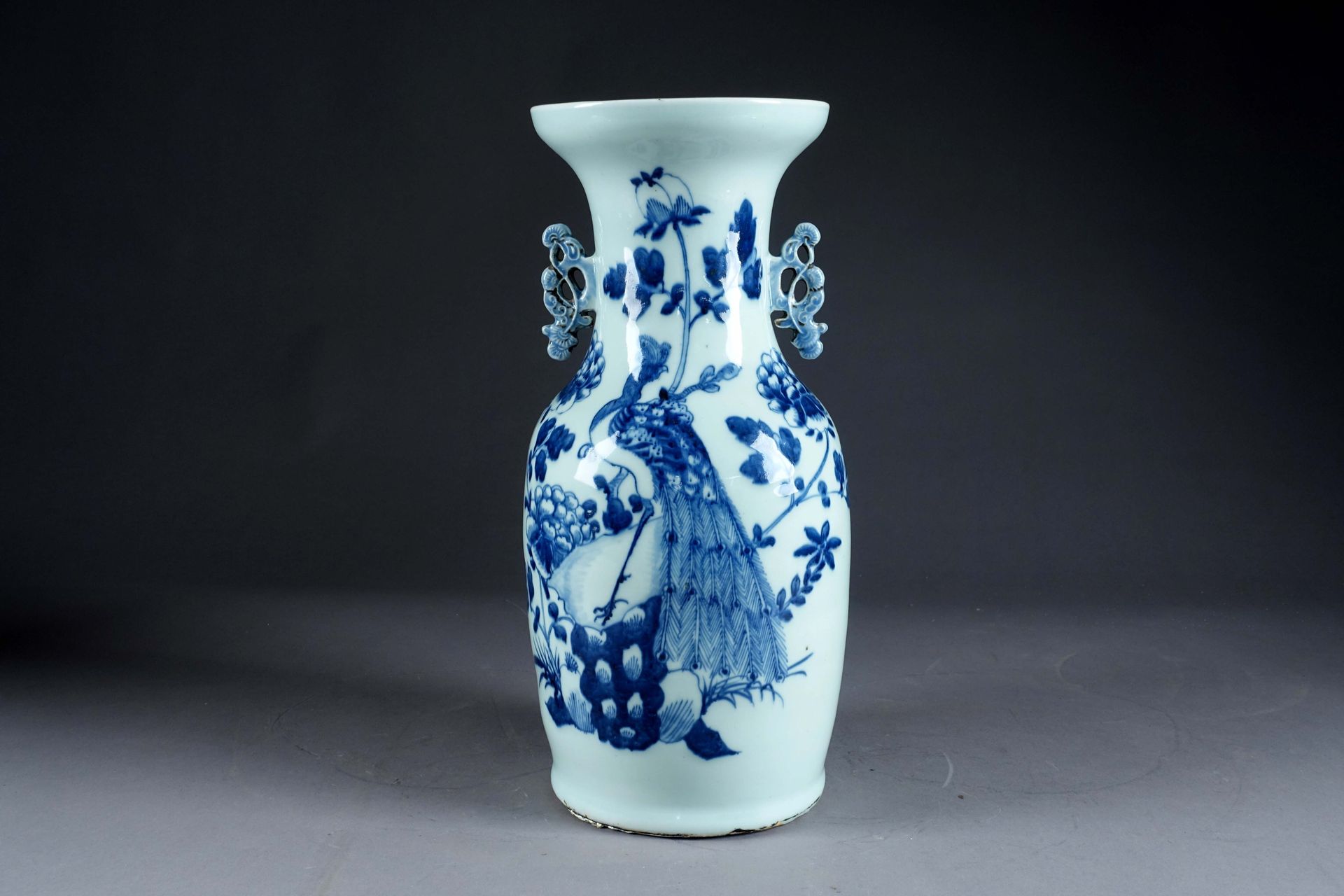 CHINE. 阳台花瓶，有松树枝形的镂空把手。白底蓝色珐琅彩装饰的岩石上的孔雀。19世纪末的瓷器。高度：43厘米。状态：底部有穿孔。