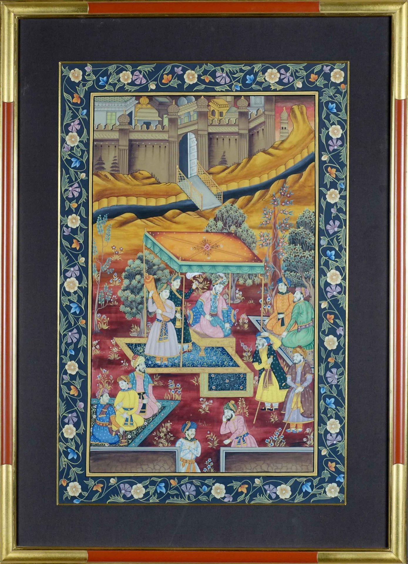 Ecole des Indes - XXe siècle. 观众和称重。水粉画在织物上。两个吊坠。尺寸：73 x 48 cm - 带框：94 x 68 cm。