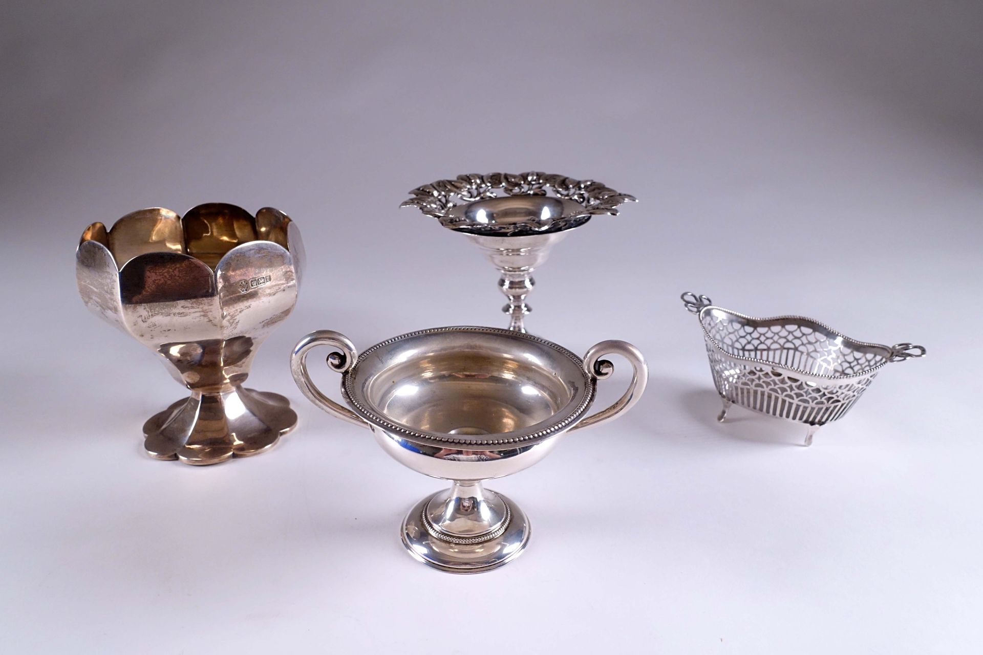 Lot. Basket (length: 14,5 cm) and three cups on foot. Plain, openwork, engraved &hellip;
