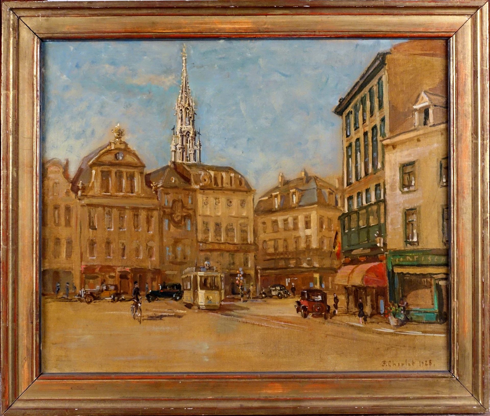 Frantz Charlet (1862-1928). 一座城市的景色（1928年）。布面油画，左下方有签名。尺寸：40 x 50厘米。