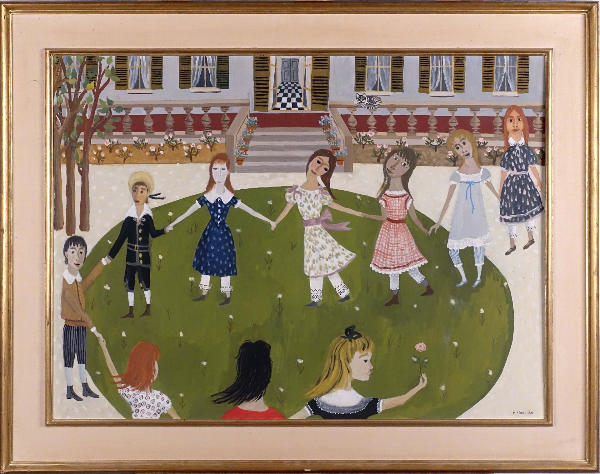 Micheline Evrard Boyadjian (1923-2019). 小女孩的模式。右下角有签名的板面油画。背面有标题。尺寸：73 x 99厘米。